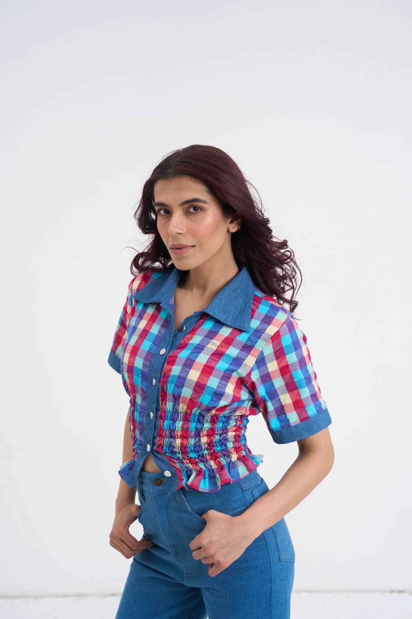 Retro Checkered Top & Denim Set