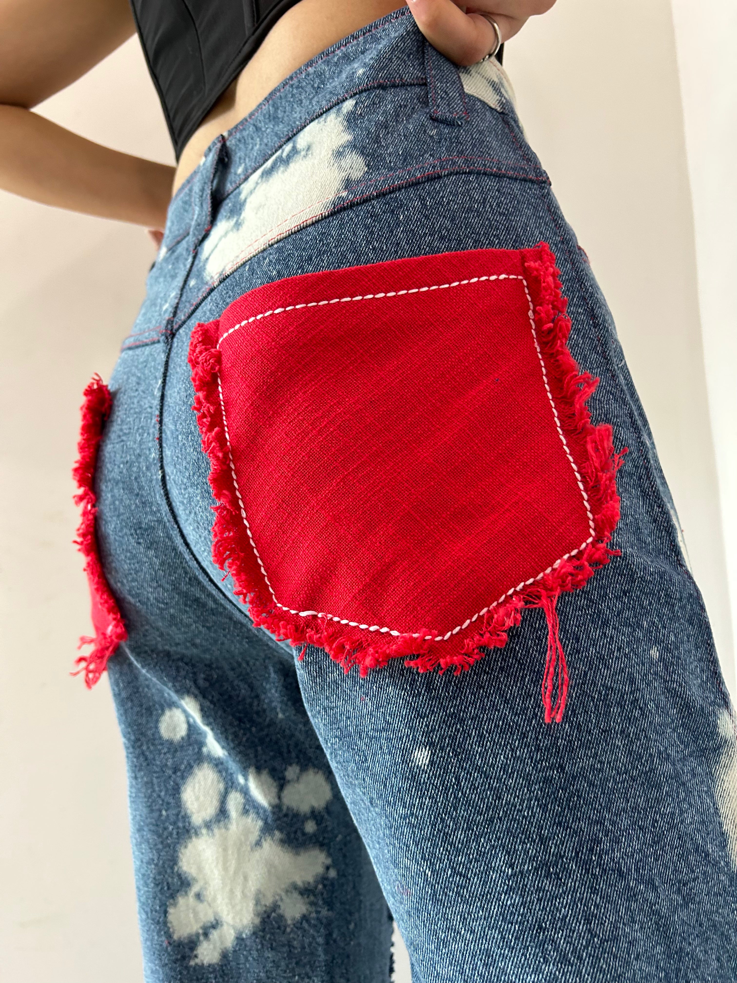 WOMEN RUGGED ACID WASH RED PATCHWORK HIGH WAIST JEANS
