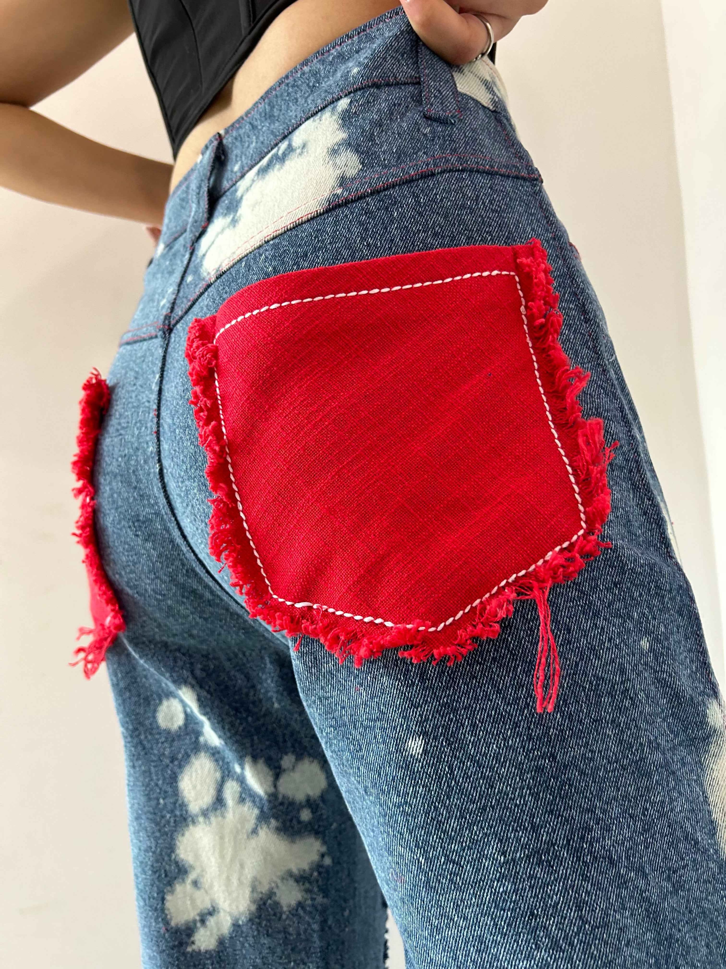 WOMEN RUGGED ACID WASH RED PATCHWORK HIGH WAIST JEANS