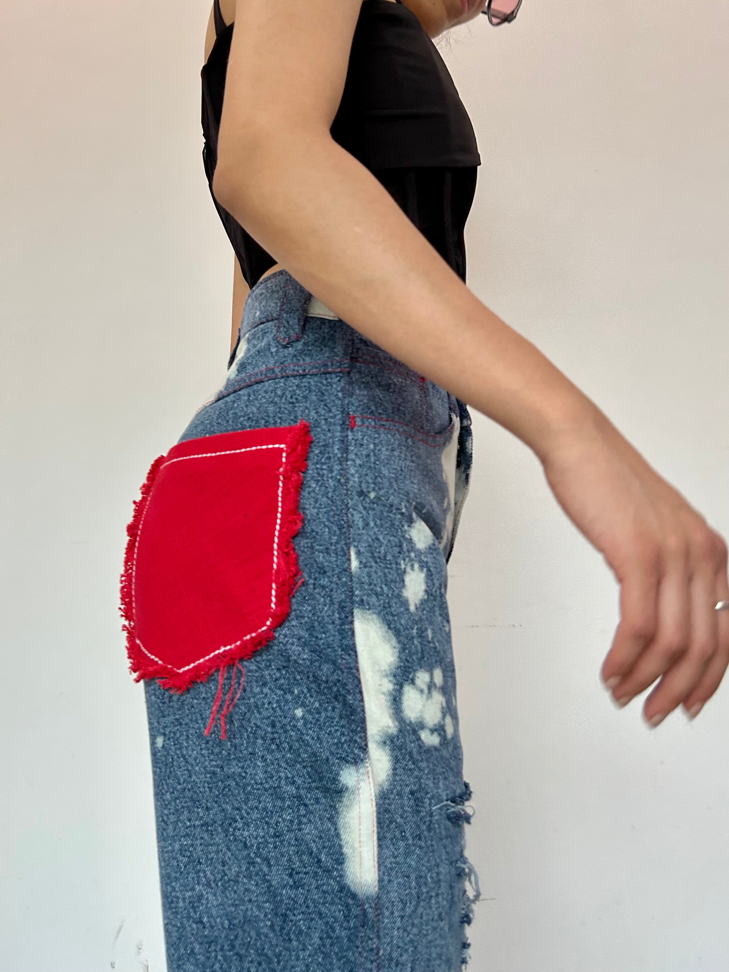 WOMEN RUGGED ACID WASH RED PATCHWORK HIGH WAIST JEANS