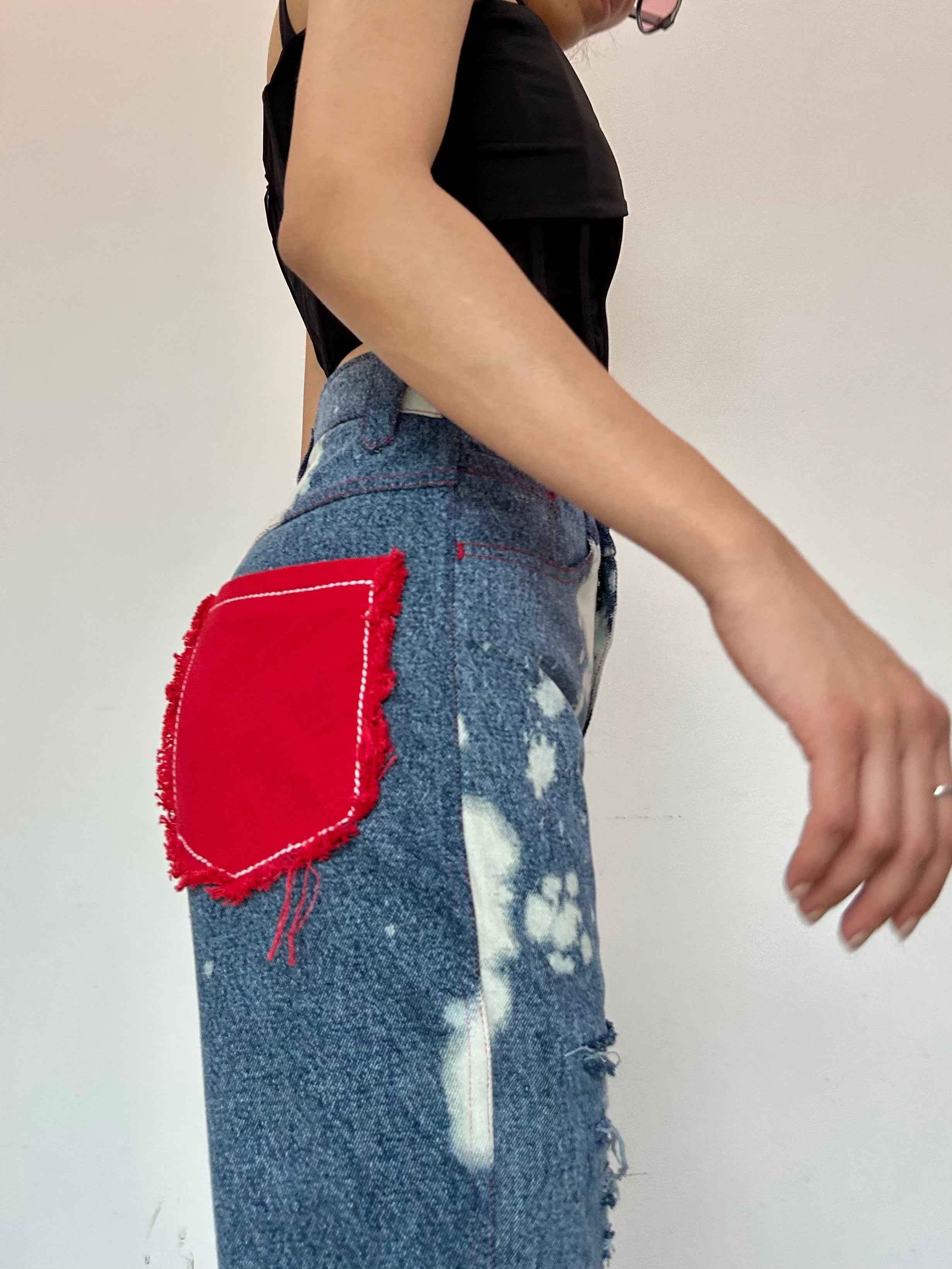 WOMEN RUGGED ACID WASH RED PATCHWORK HIGH WAIST JEANS