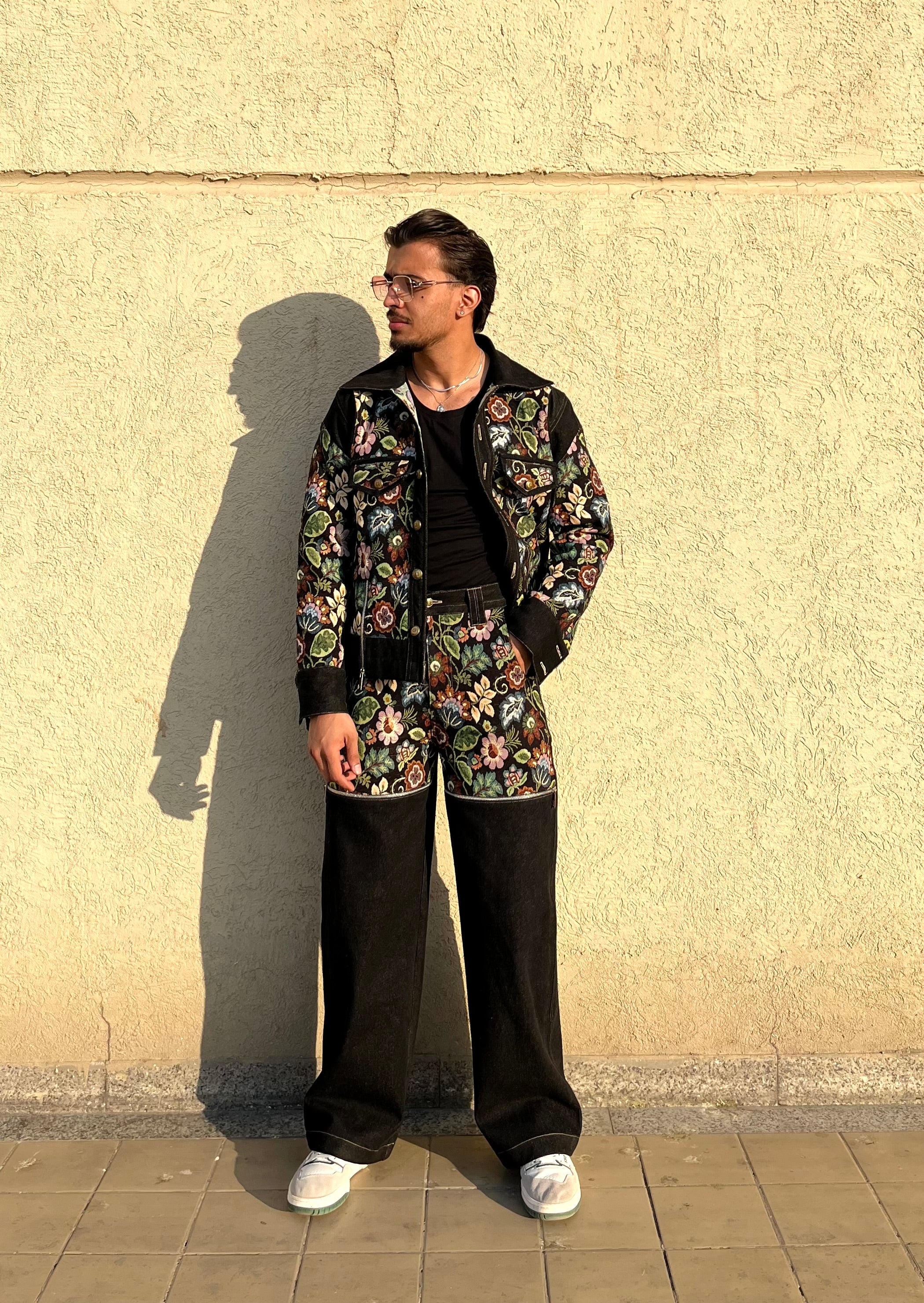 Black Floral Denim Jacket Set