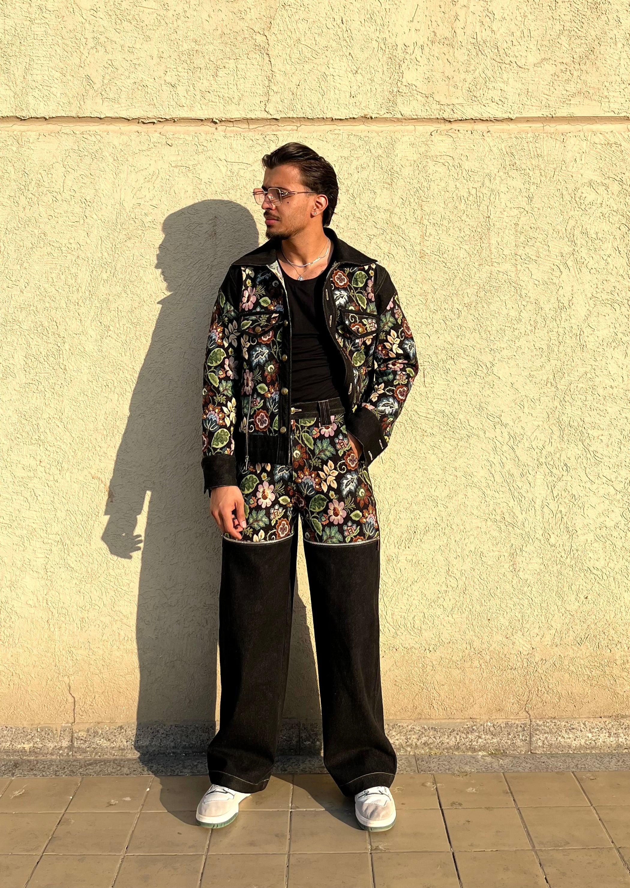Black Floral Denim Jacket Set