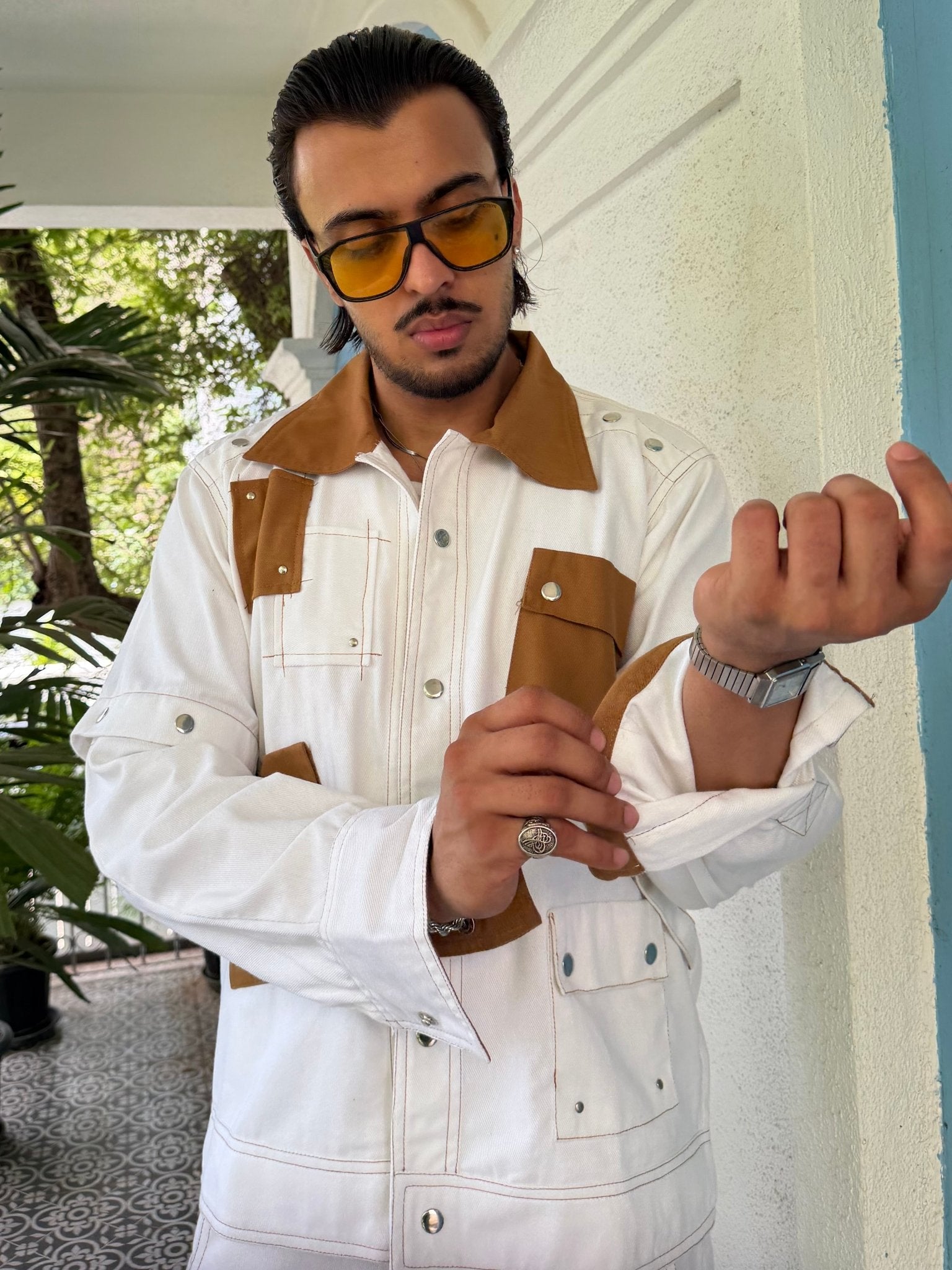 White Tan Patchwork Men Set