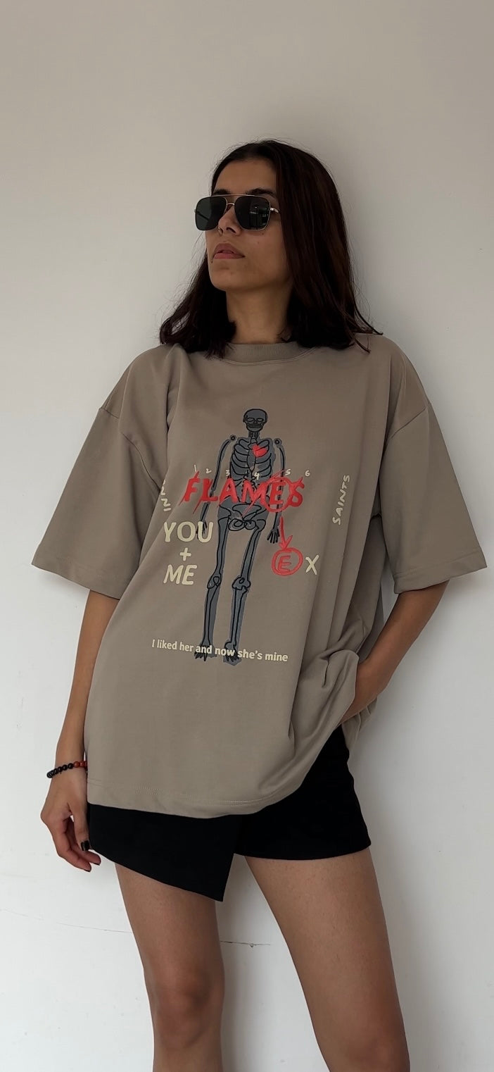 Flames Dusty Beige Oversized T-Shirt
