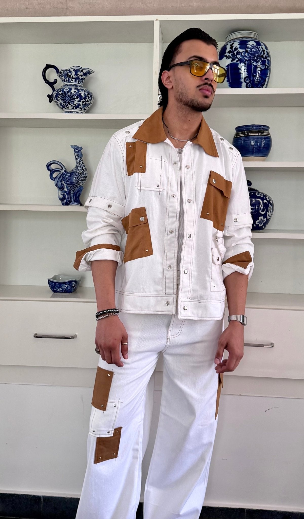 White Tan Patchwork Men Set
