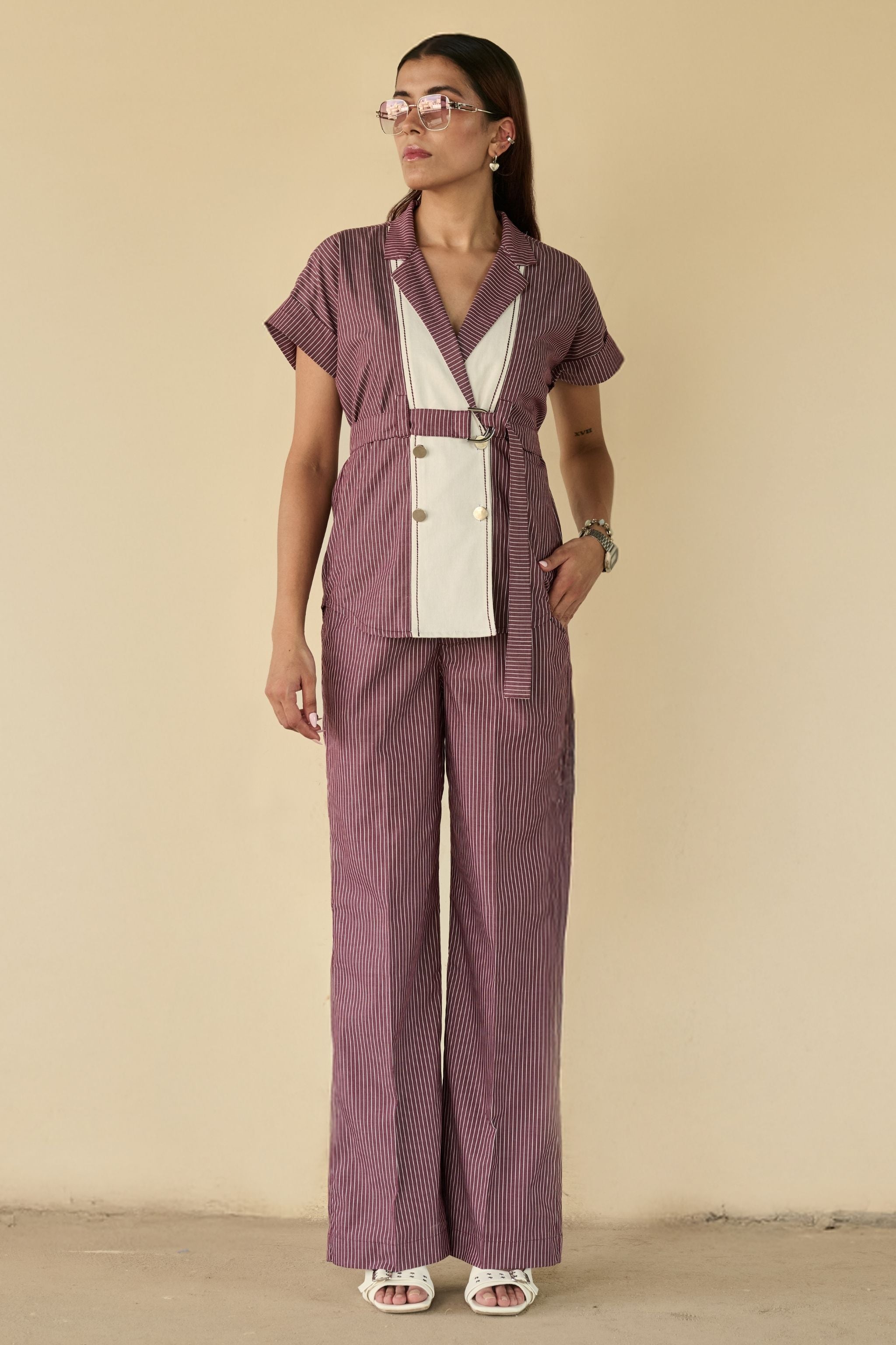 Maroon Stripe Belted Co-ord Set