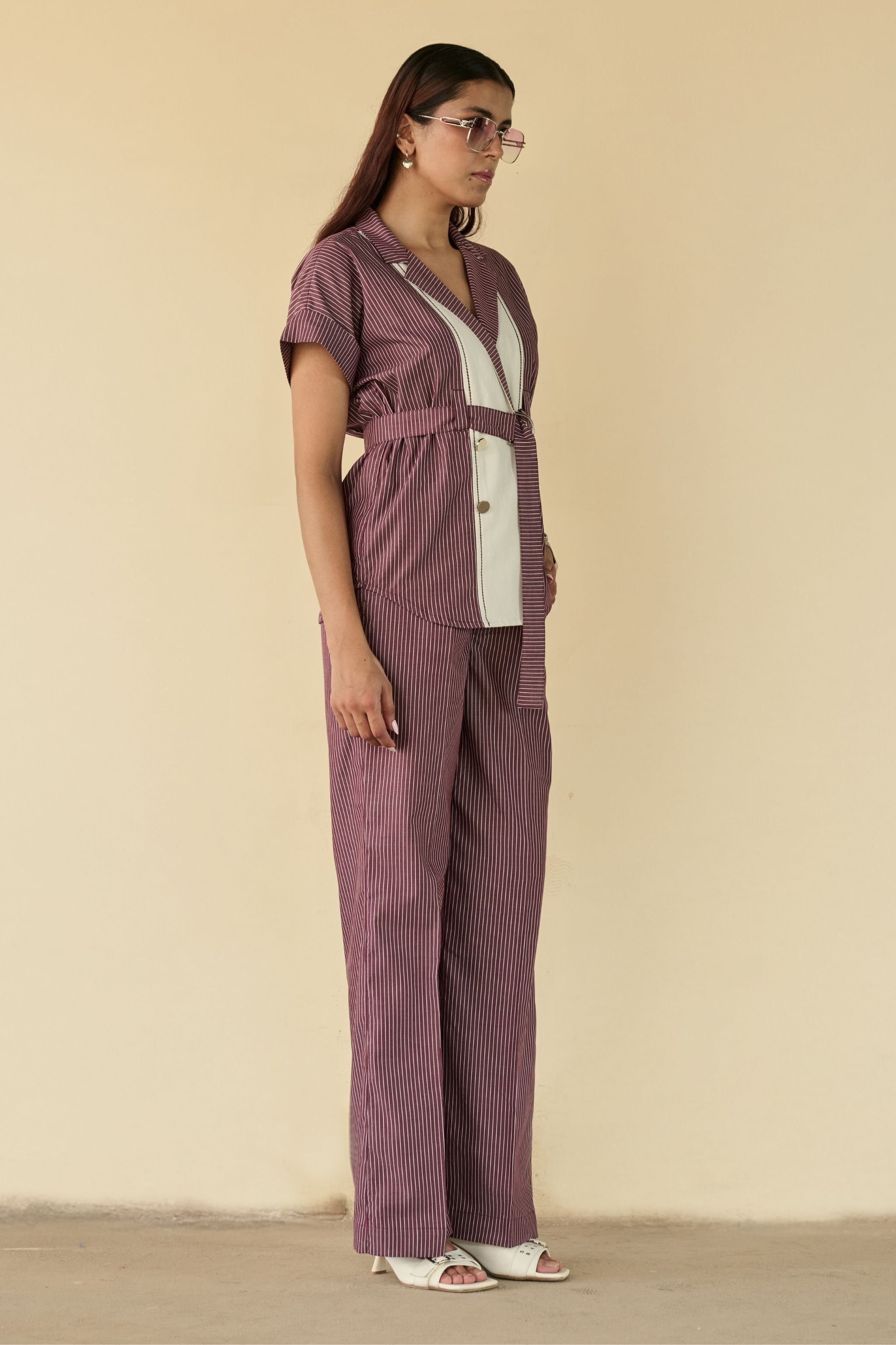 Maroon Stripe Belted Co-ord Set