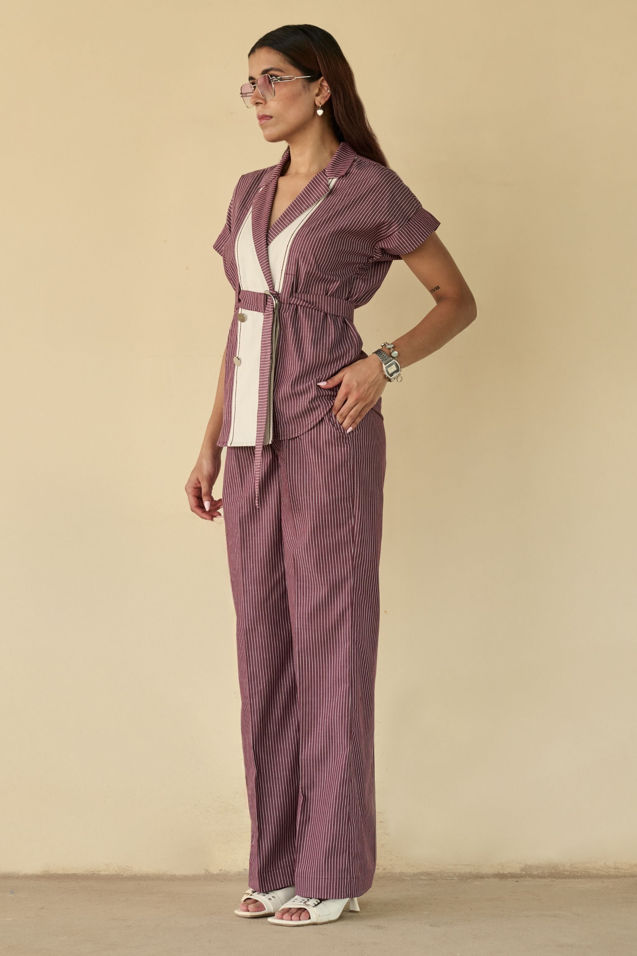 Maroon Stripe Belted Co-ord Set