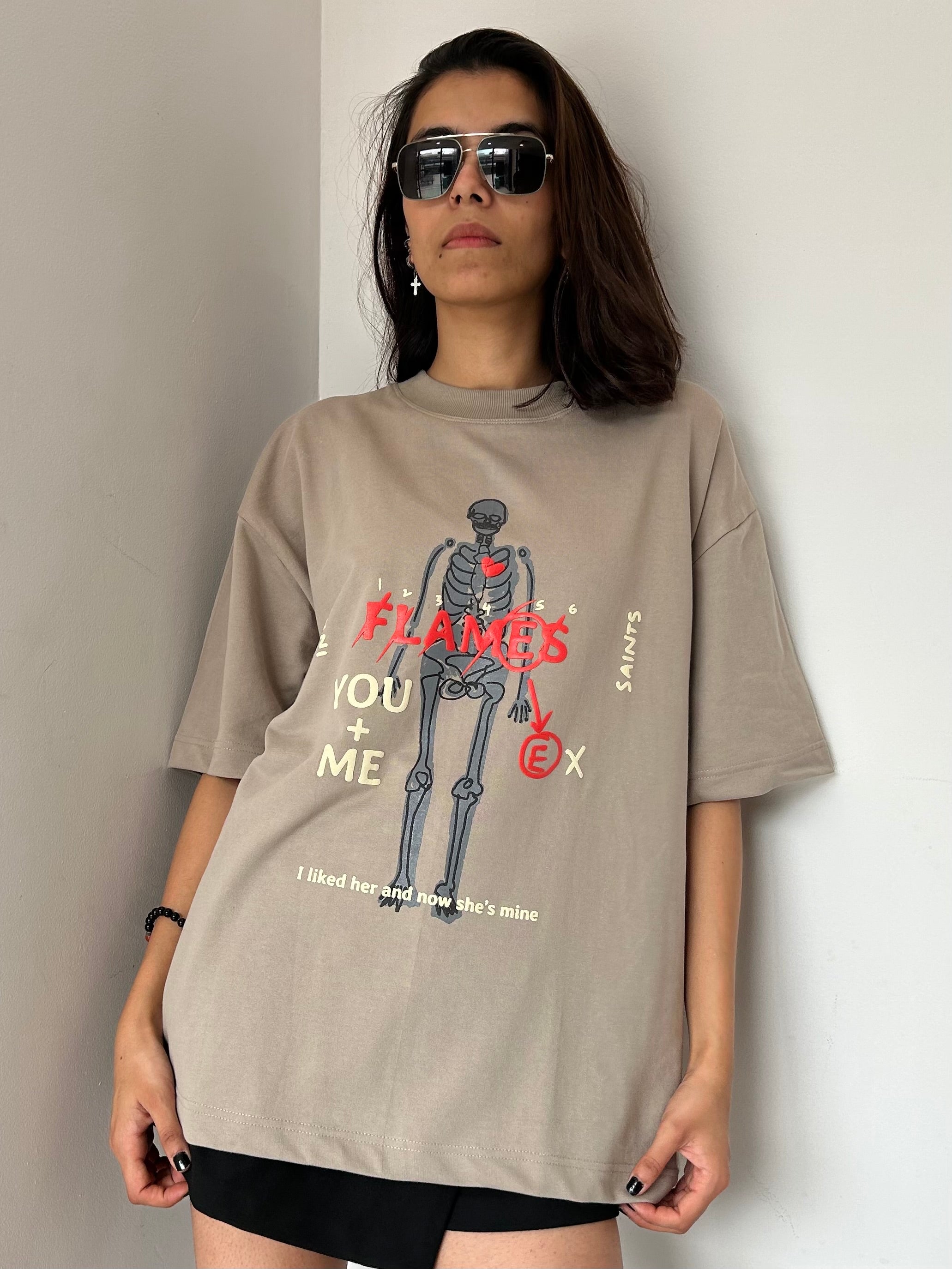 Flames Dusty Beige Oversized T-Shirt