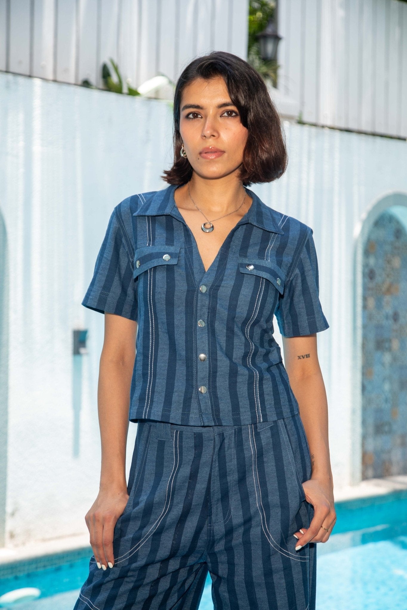 Blue Denim Stripe Women Set
