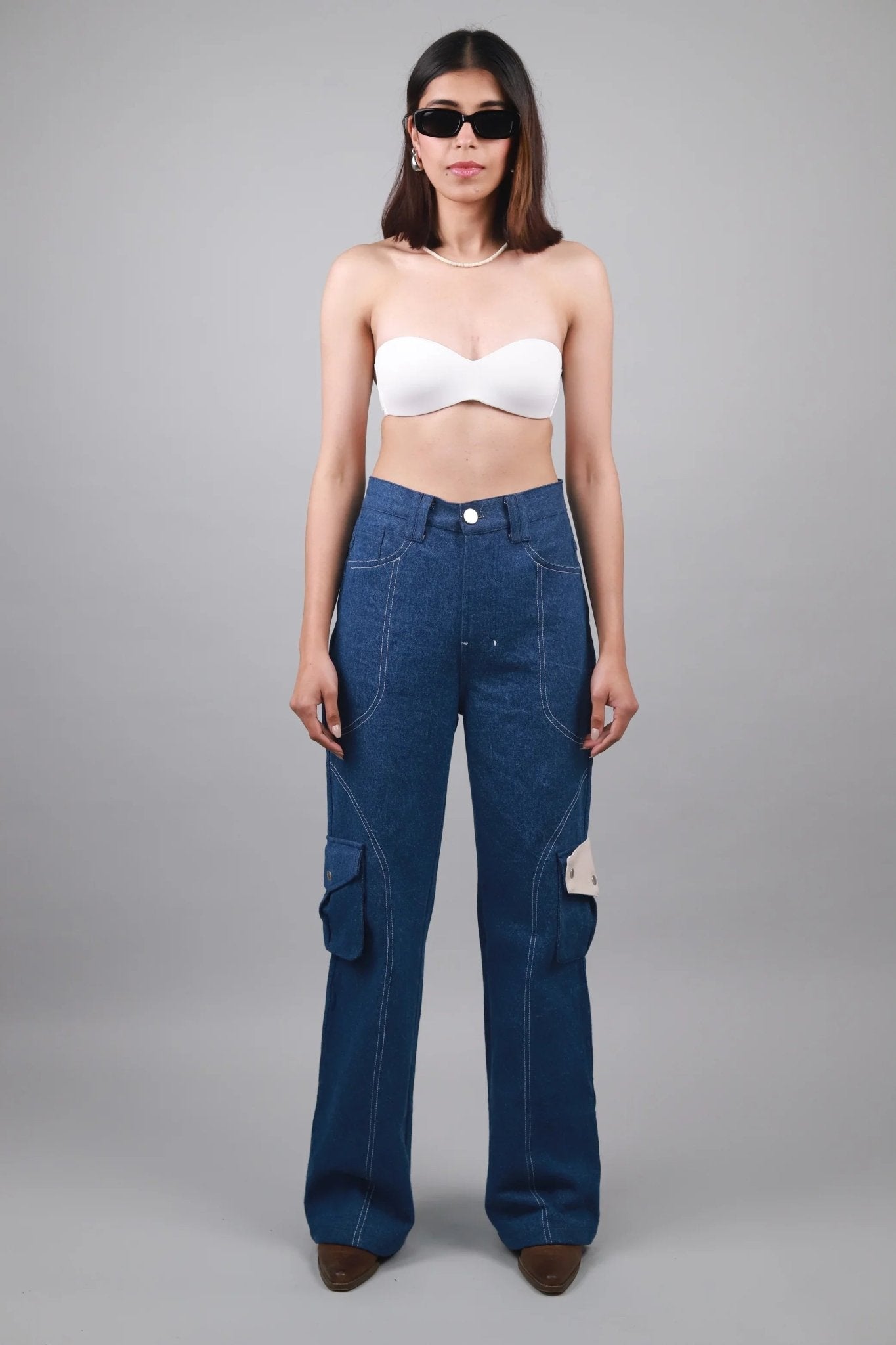 Unisex straight fit Leather cargo jeans