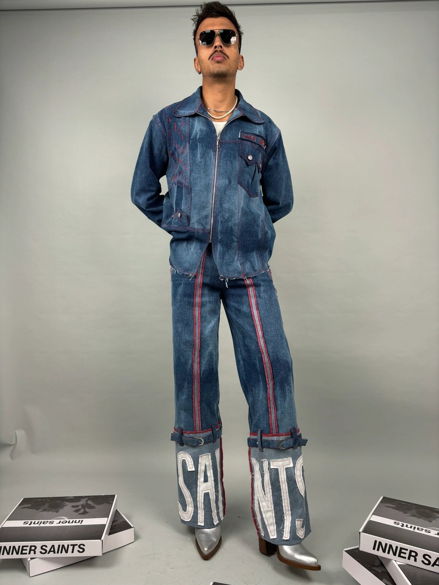 Blue Effect Shirt Jacket & Wide Leg Jeans Set