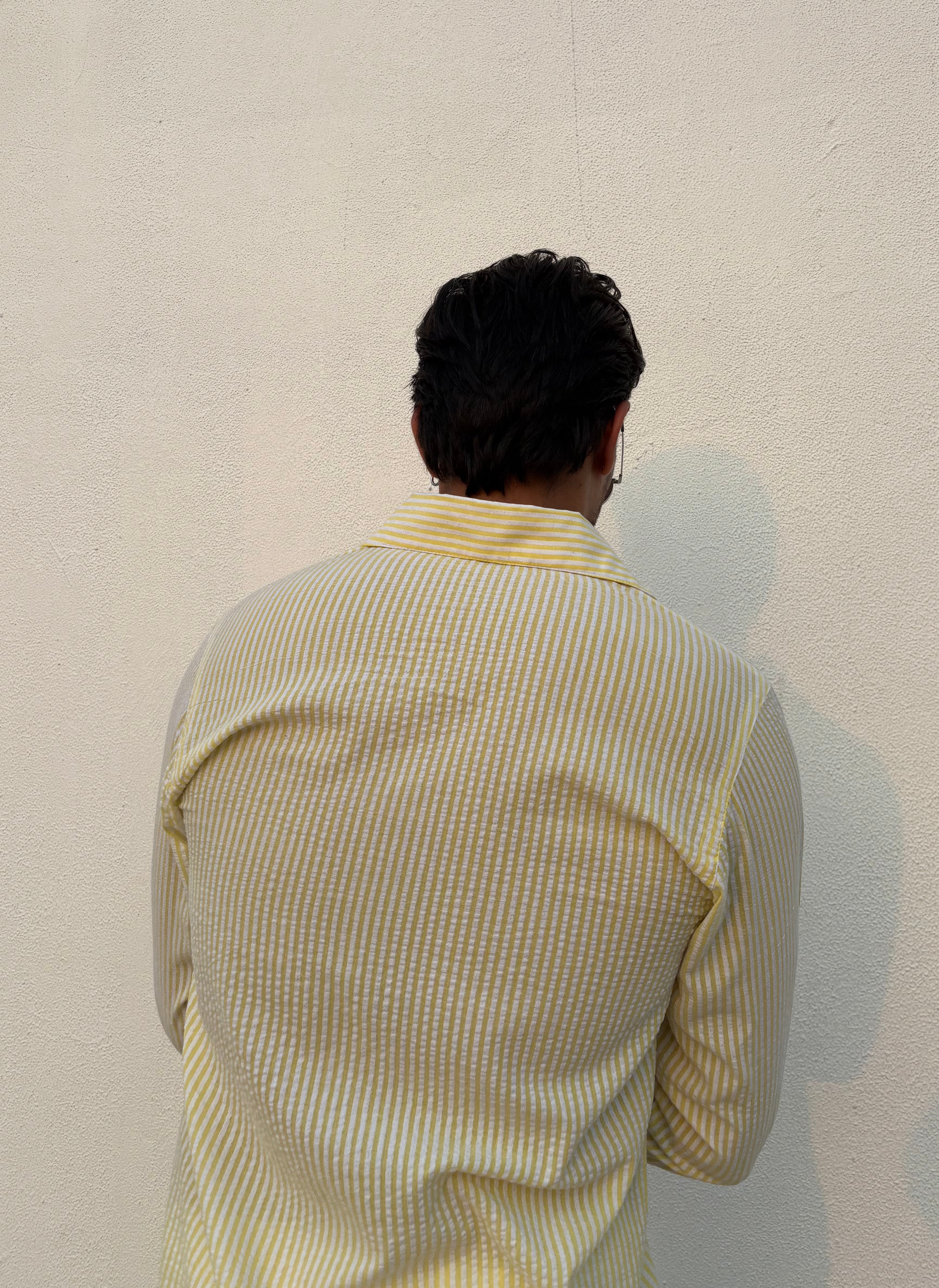 Yellow Stripe Shirt & White Pants Set