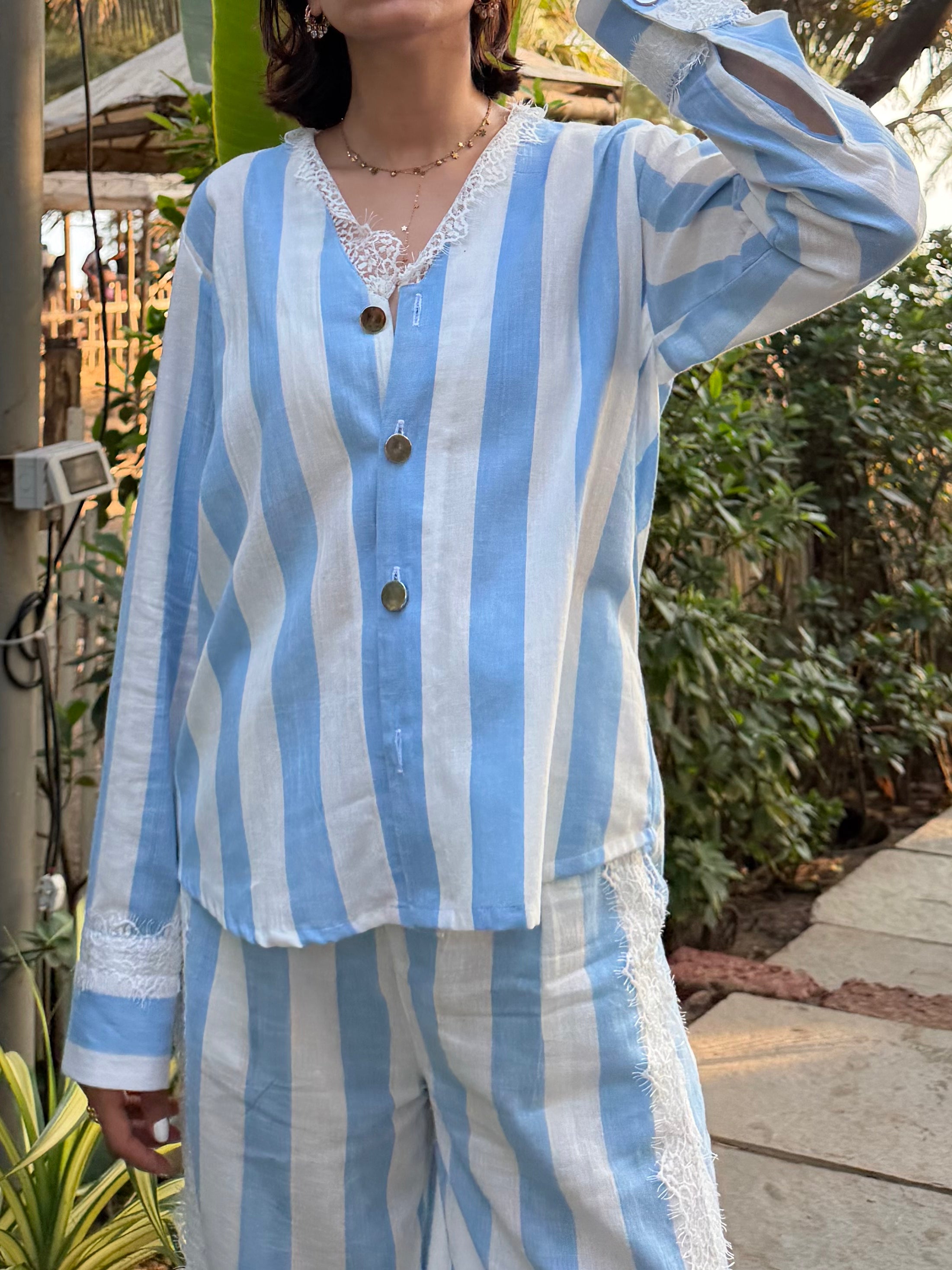 Blue Lace Stripe Women Set