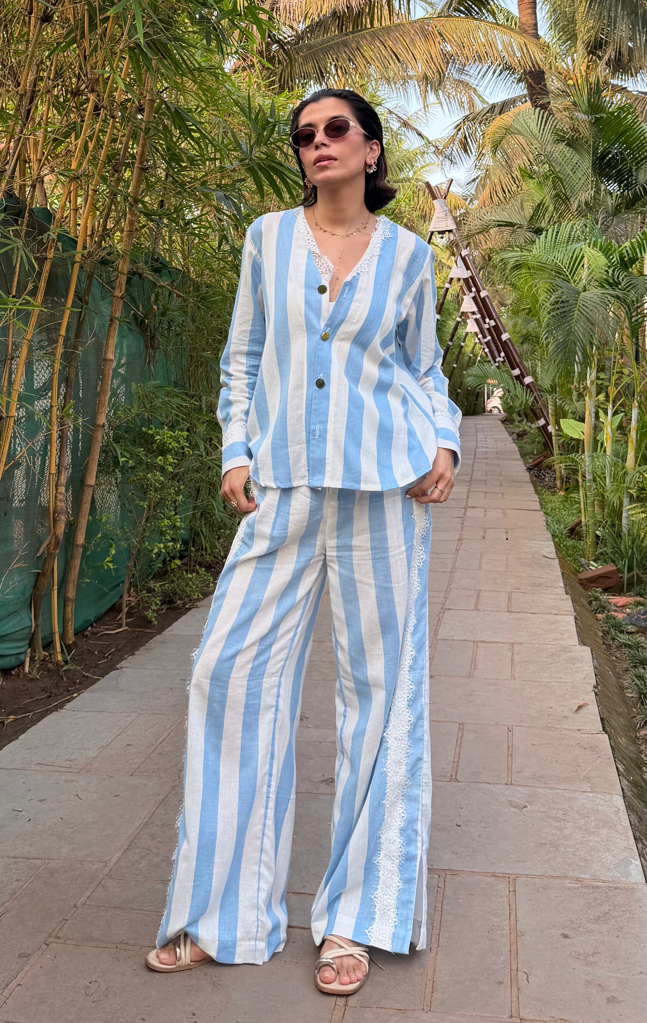 Blue Lace Stripe Women Set