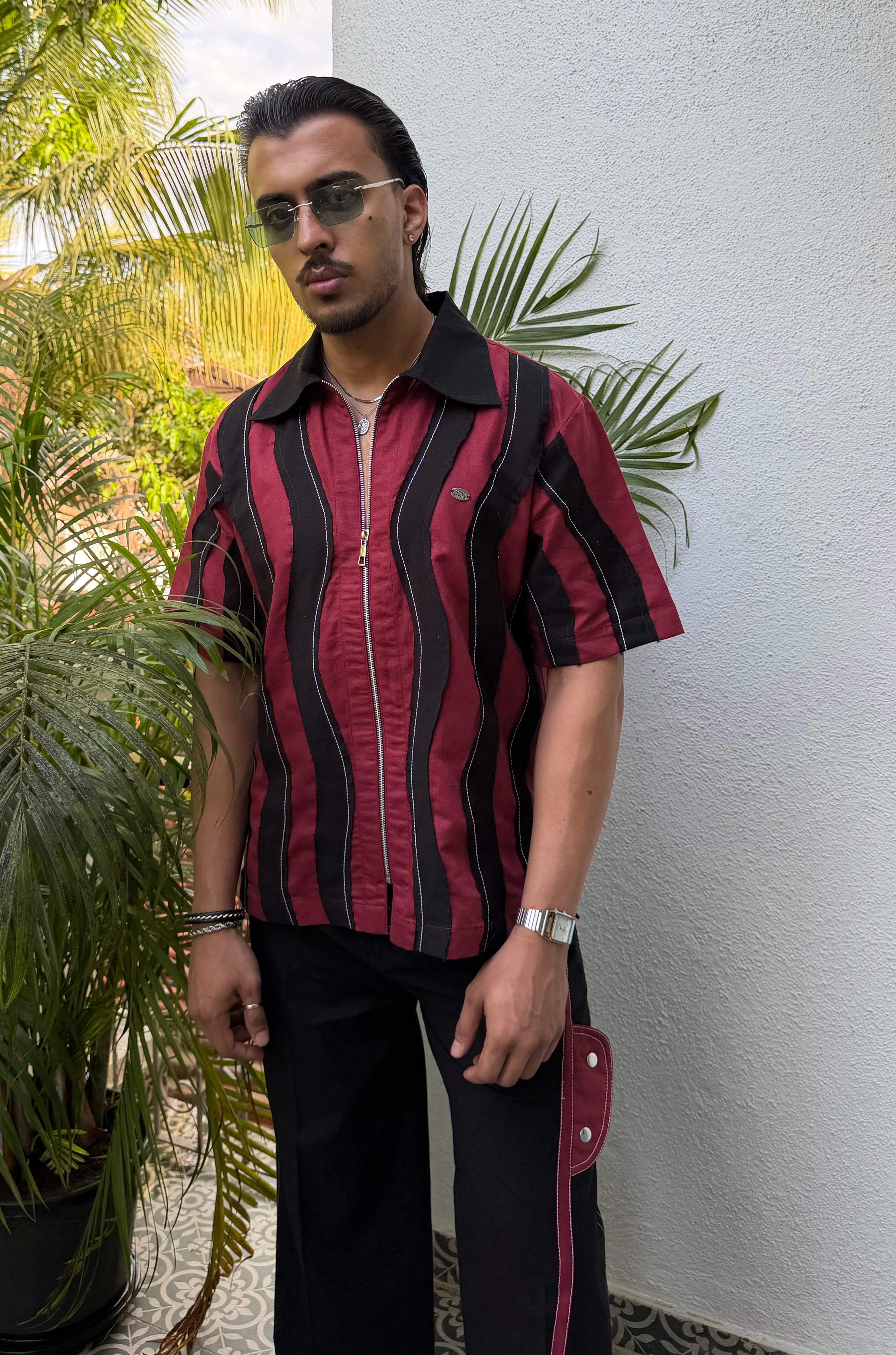Wavy Maroon Black Linen Men Set