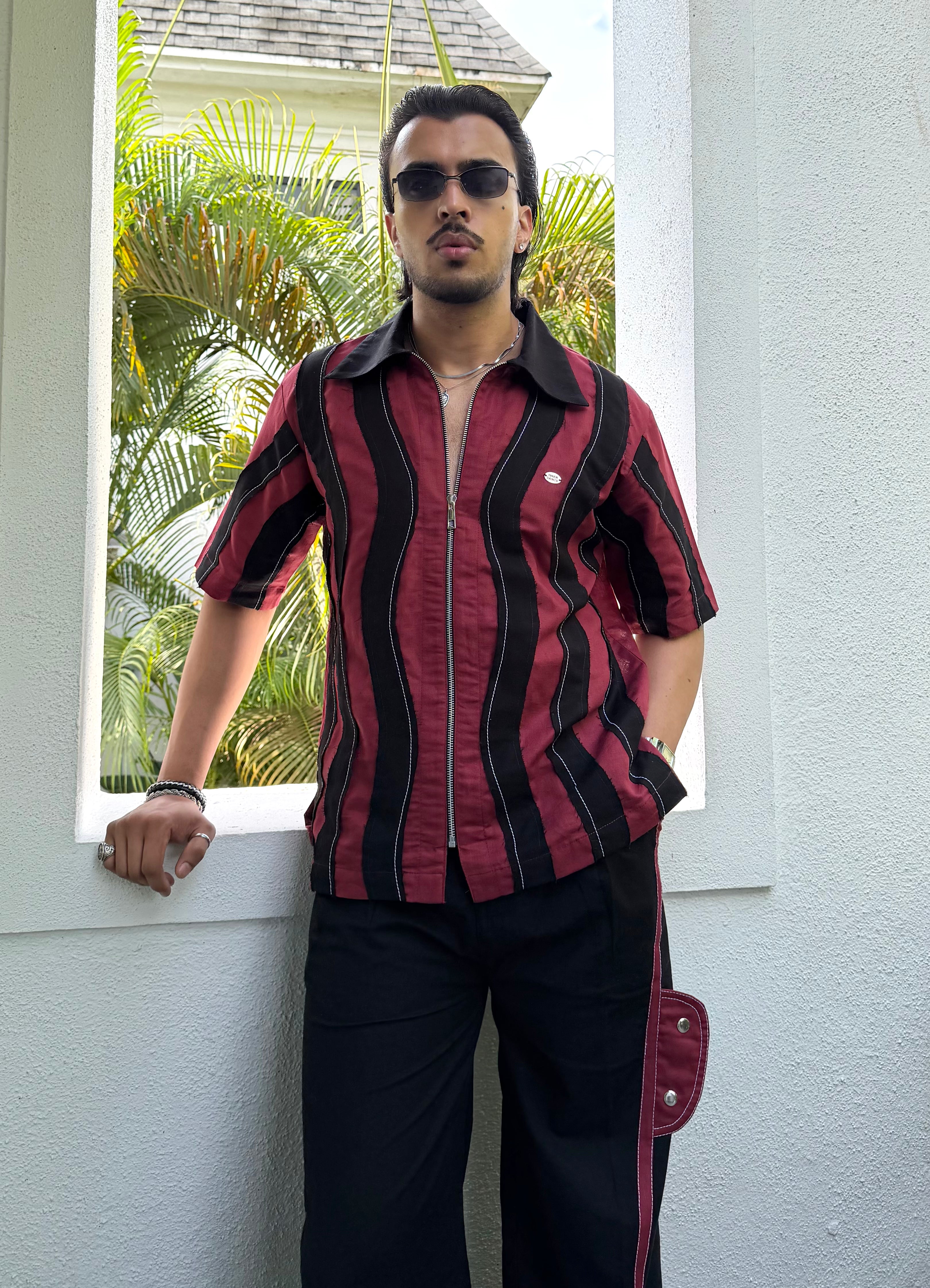 Wavy Maroon Black Linen Men Set
