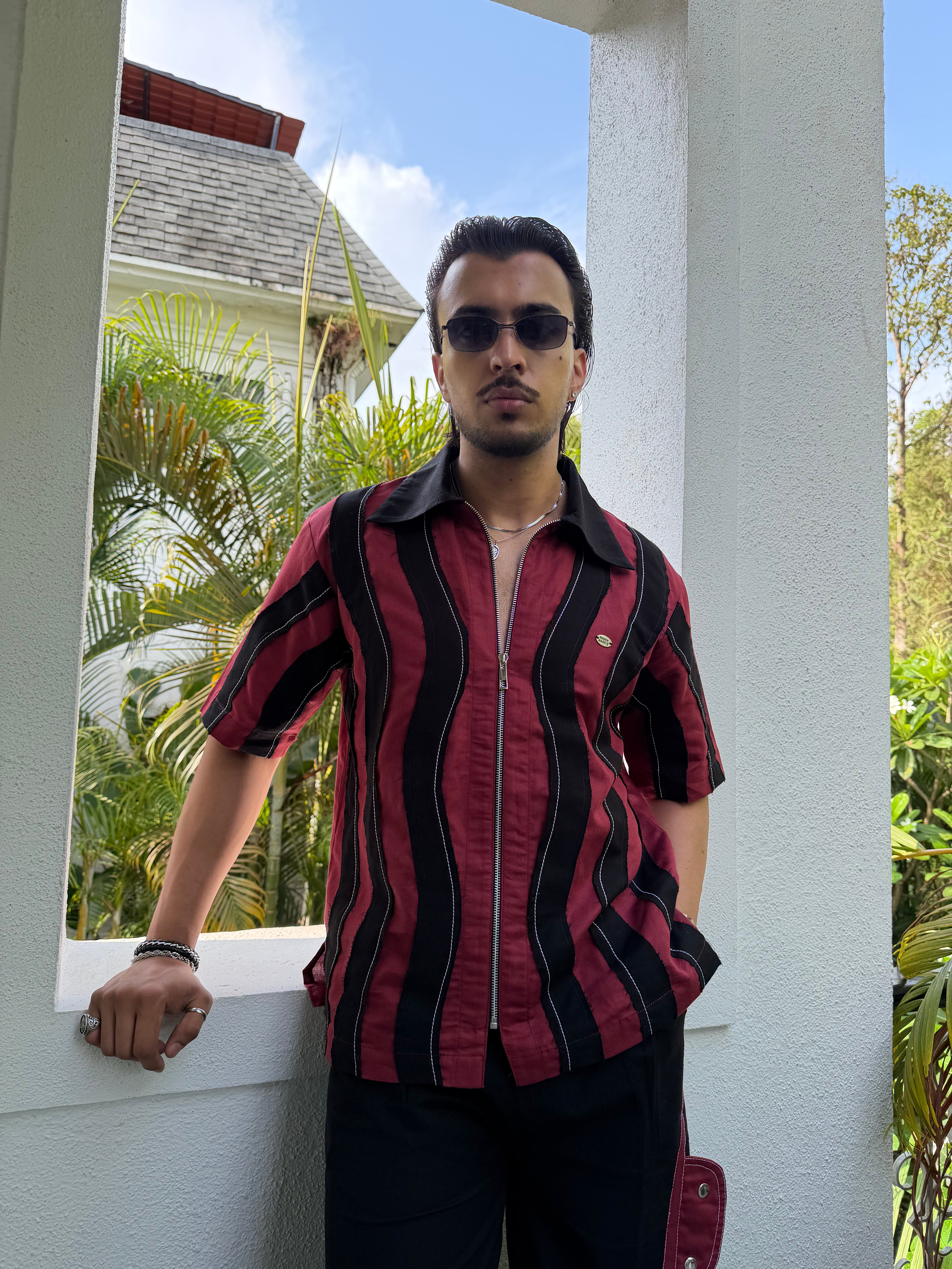 Wavy Maroon Black Linen Men Set