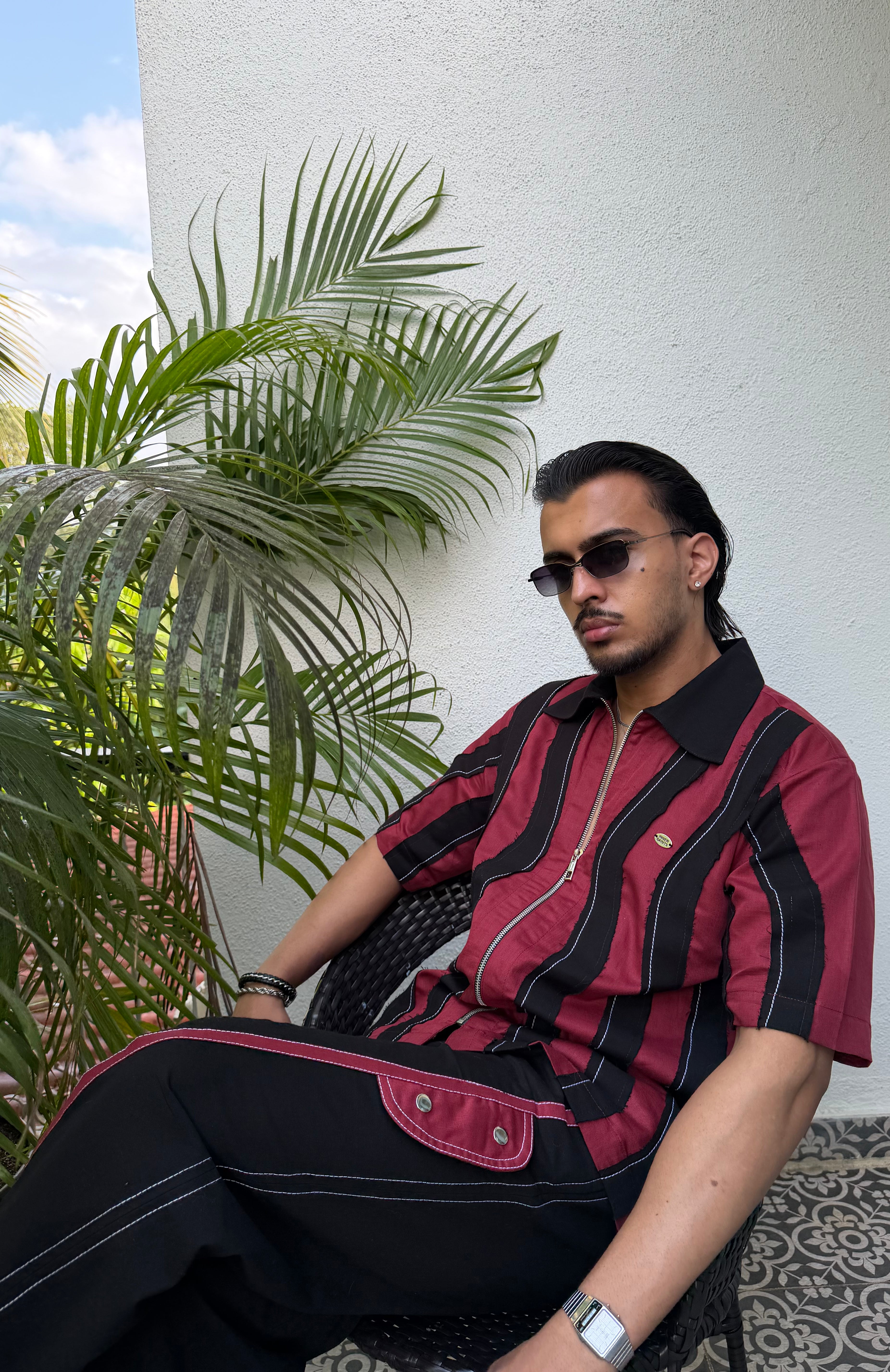 Wavy Maroon Black Linen Men Set
