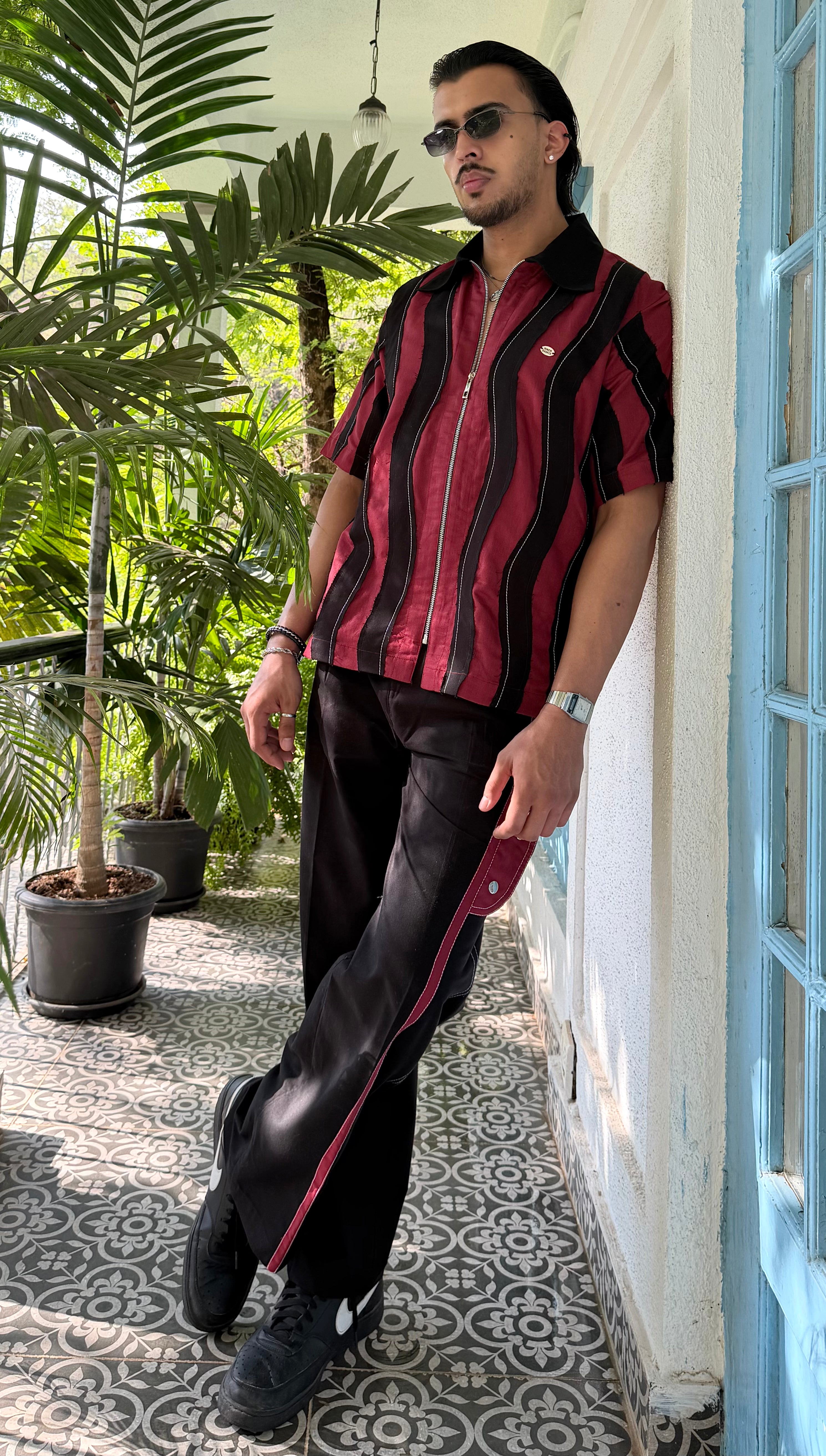 Wavy Maroon Black Linen Men Set