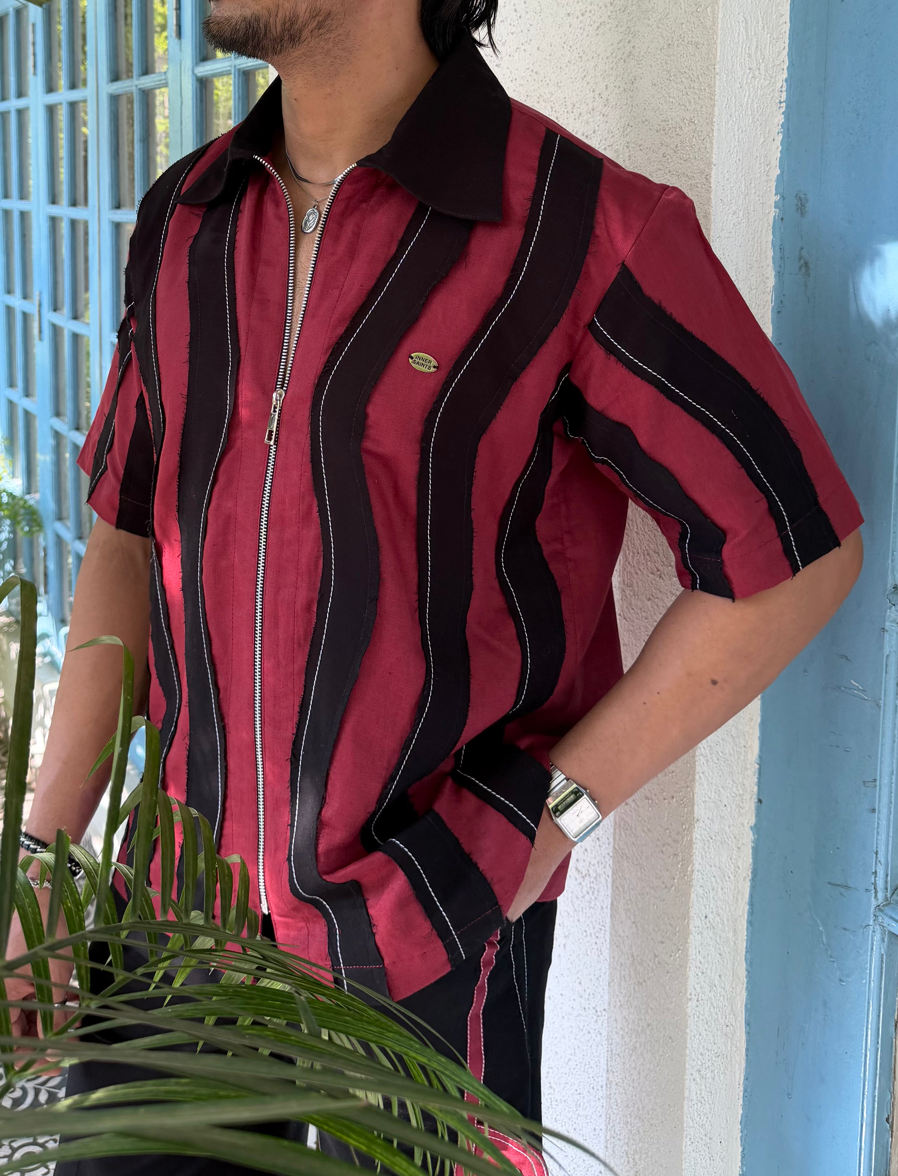 Wavy Maroon Black Linen Men Set