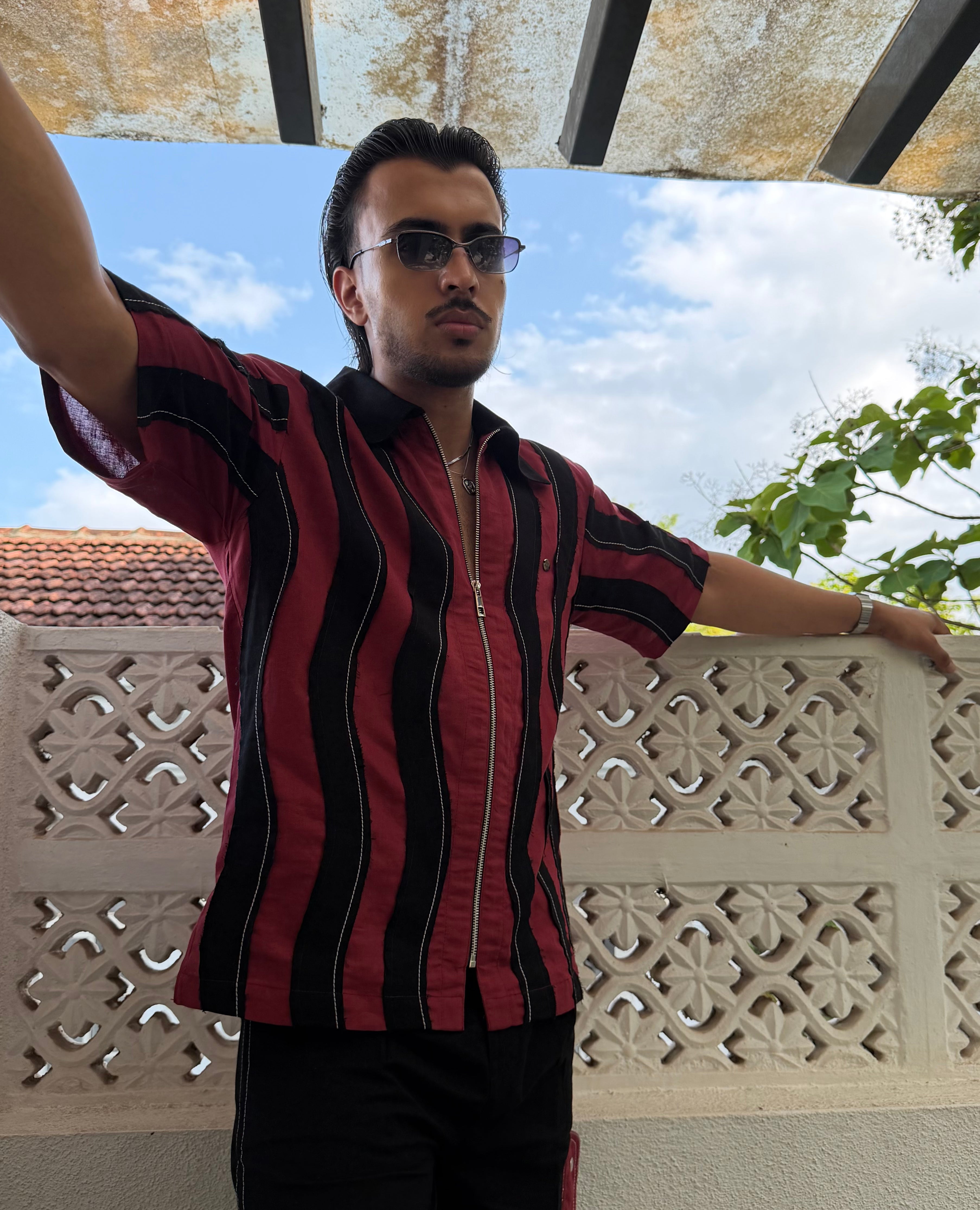 Wavy Maroon Black Linen Men Set