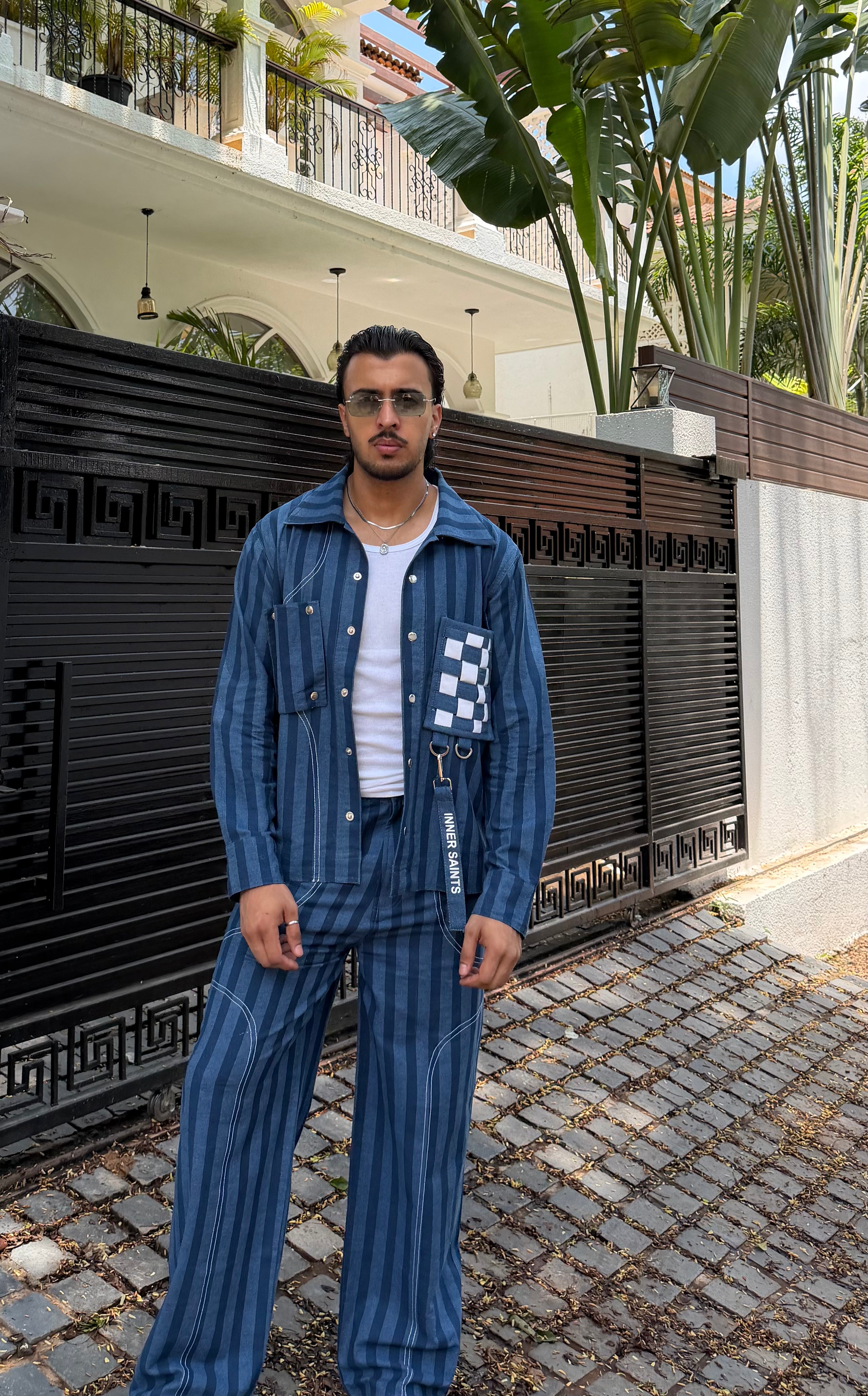 Blue Denim Stripe Men Set