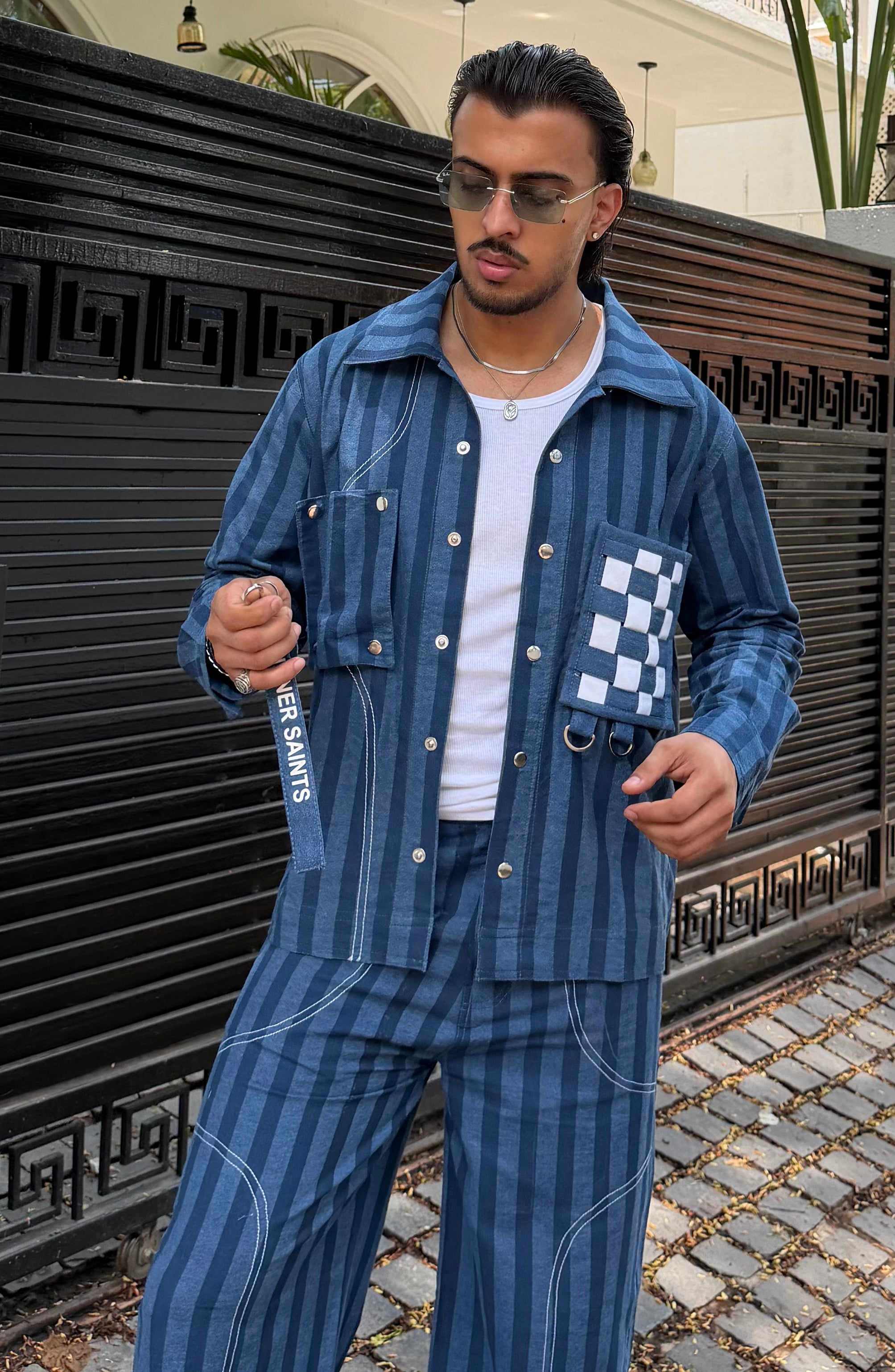 Blue Denim Stripe Men Set