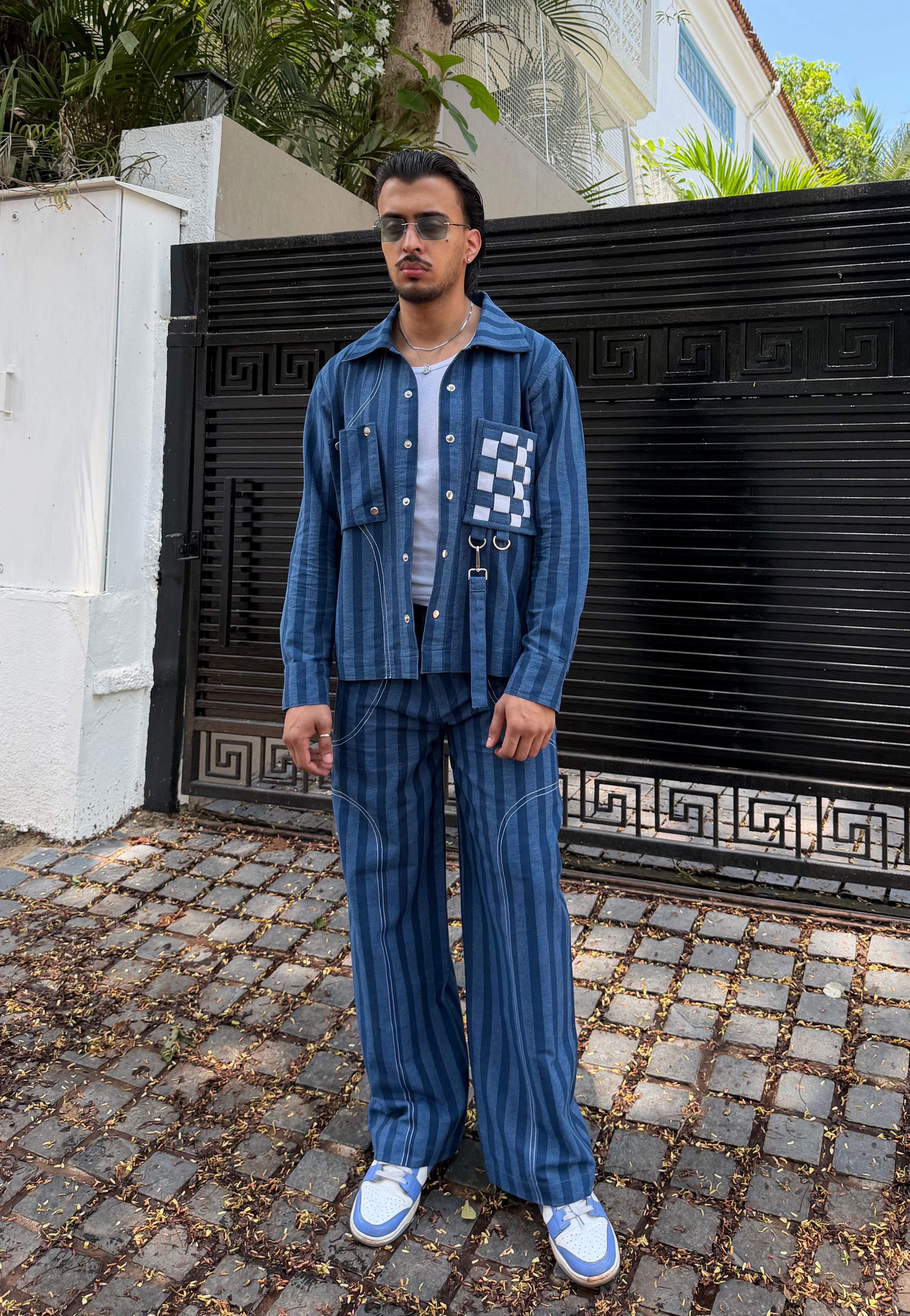 Blue Denim Stripe Men Set