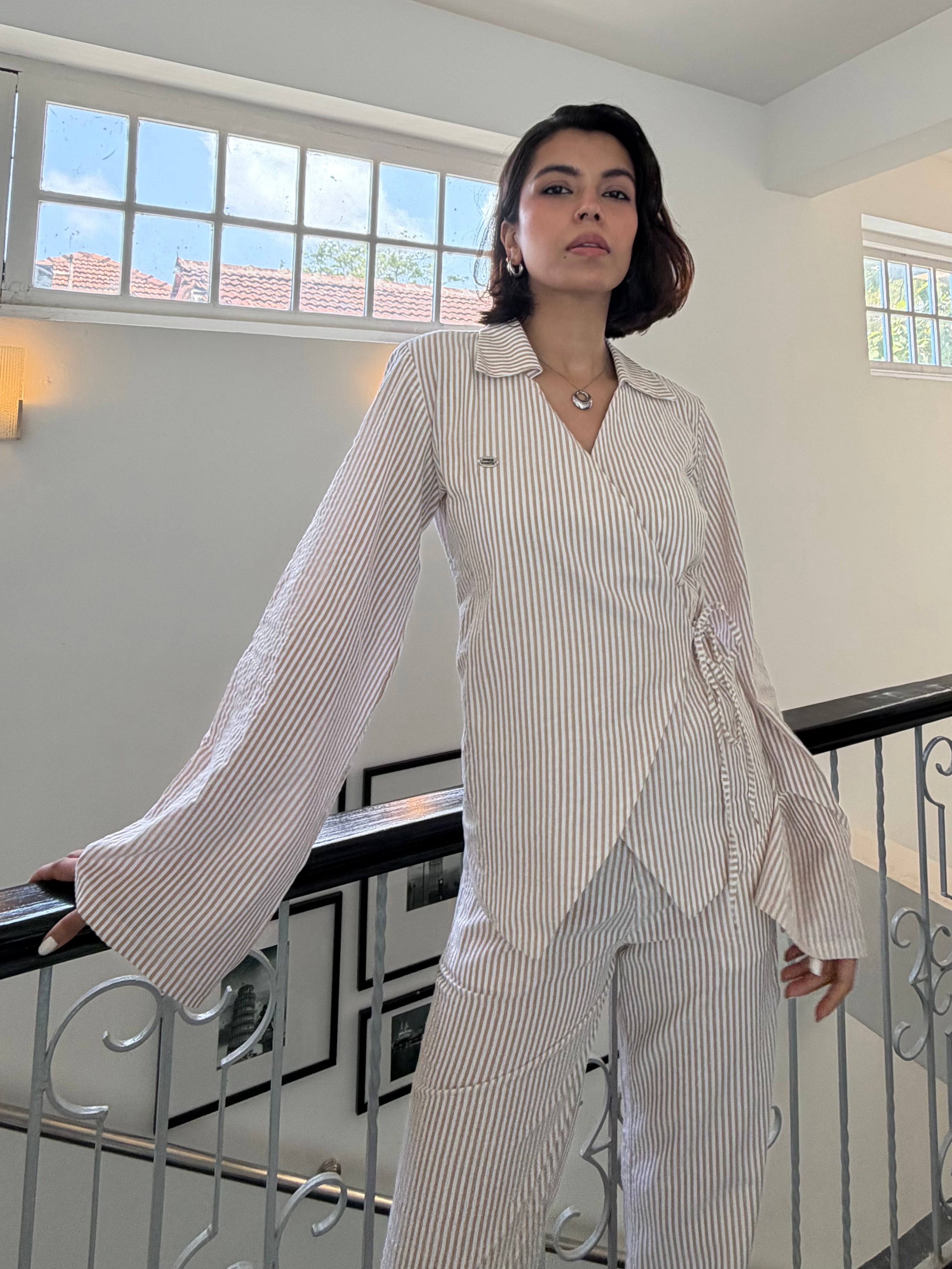 Beige Stripe Women Set