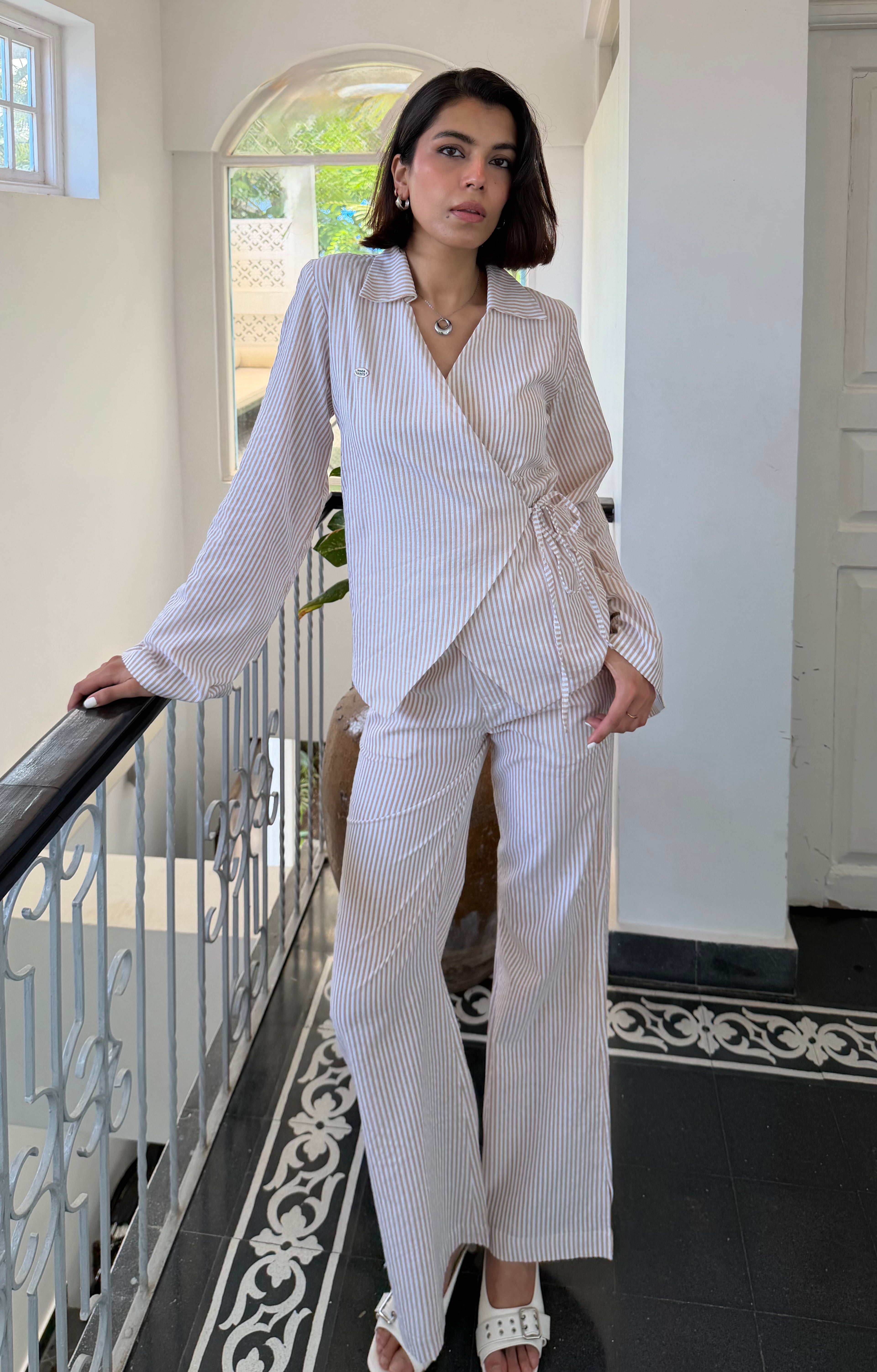 Beige Stripe Women Set