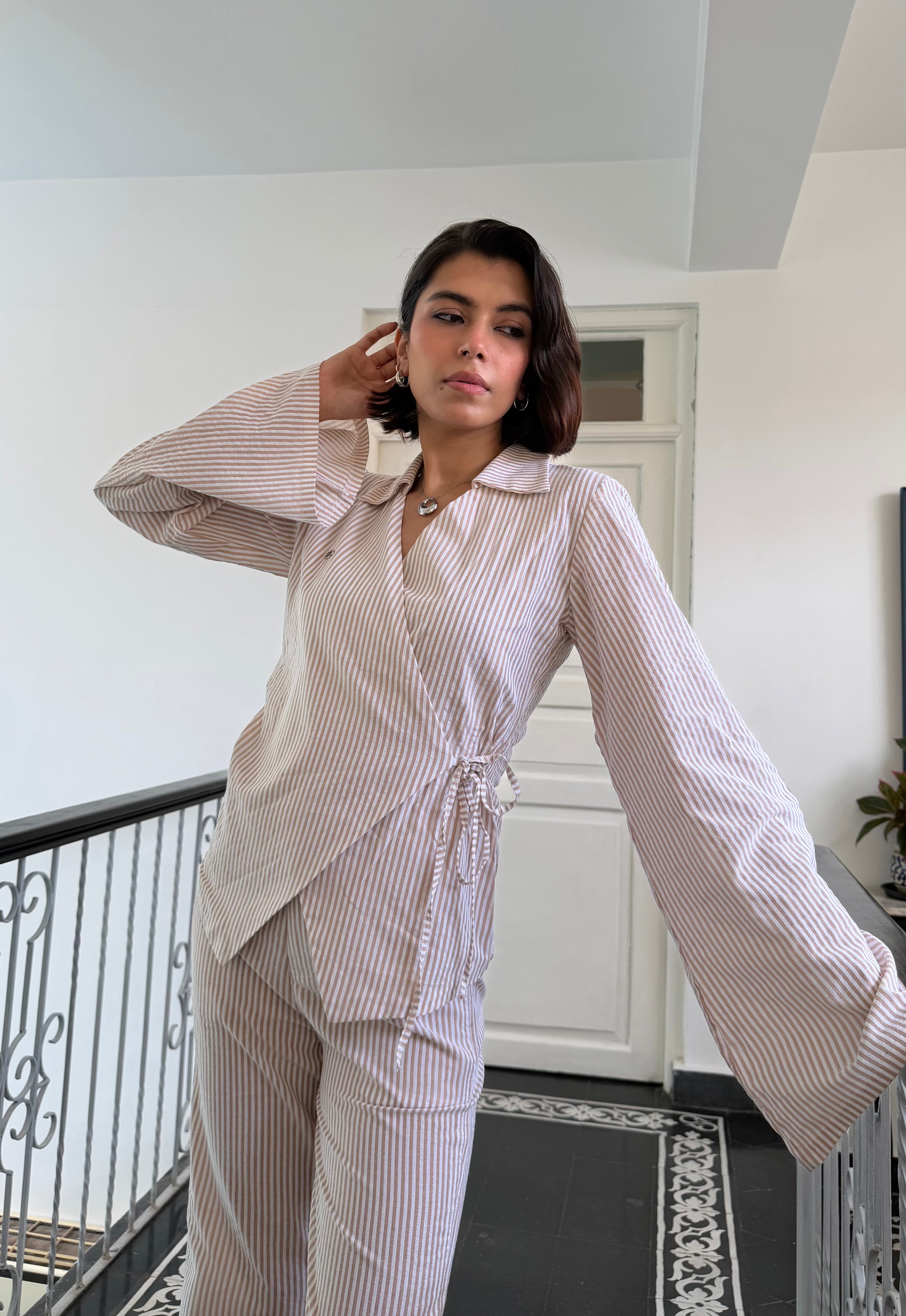 Beige Stripe Women Set