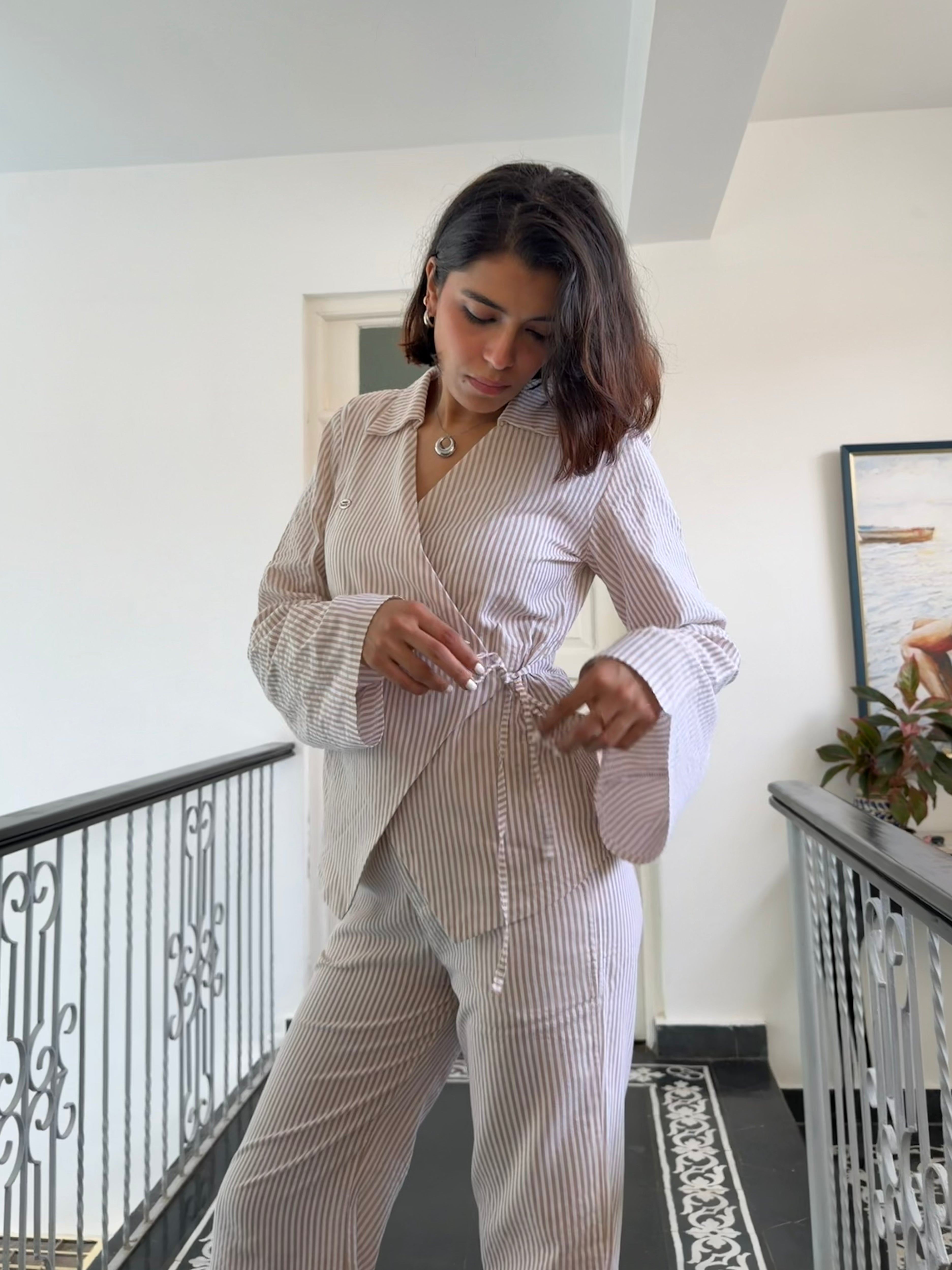 Beige Stripe Women Set
