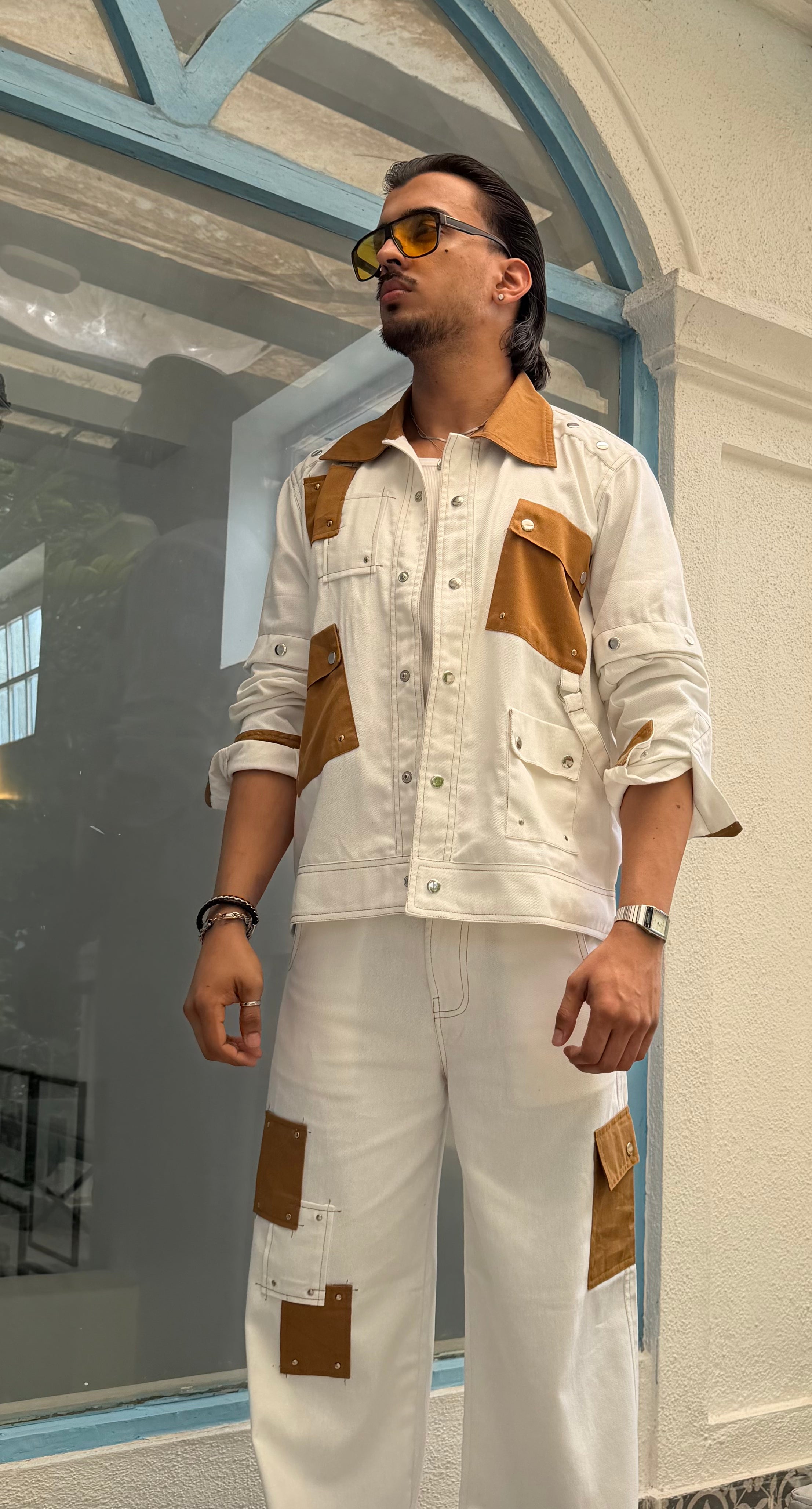 White Tan Patchwork Men Set