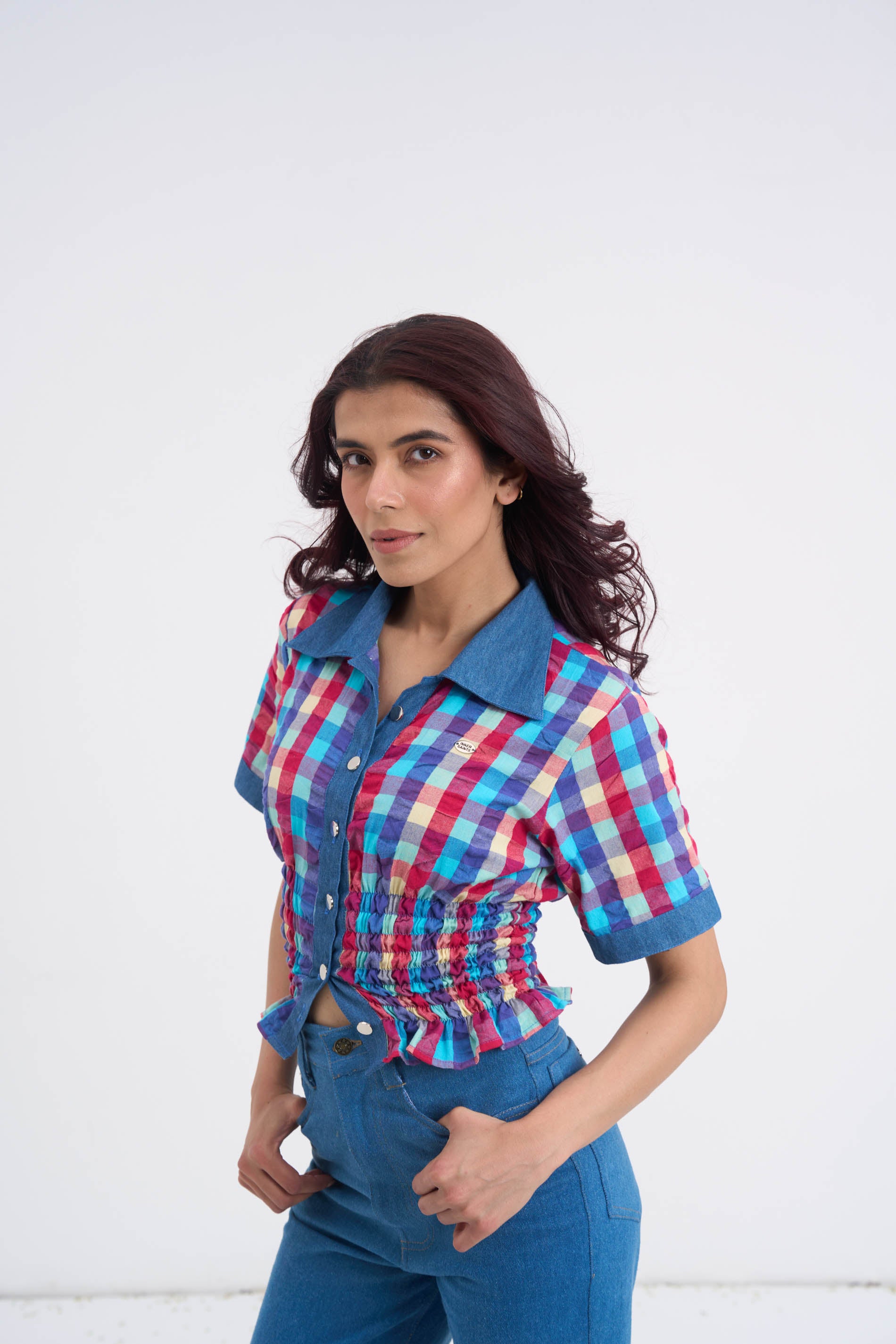 Retro Checkered Top & Denim Set