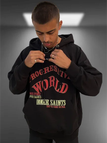 Progressive World Black Oversized Hoodie