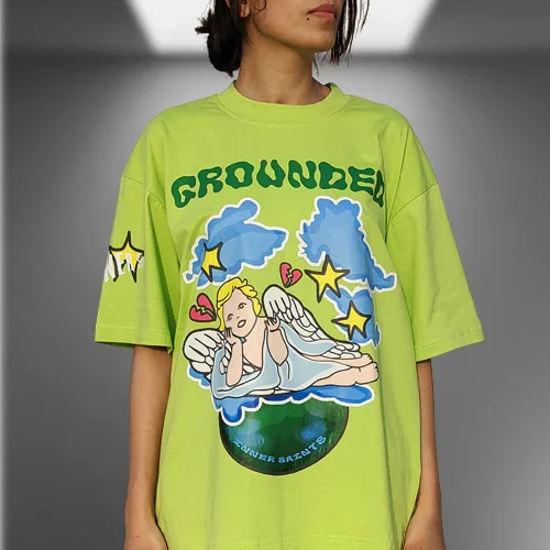 V Neck Neon Green Graphic Tees Womens Grounded Cupid Oversized